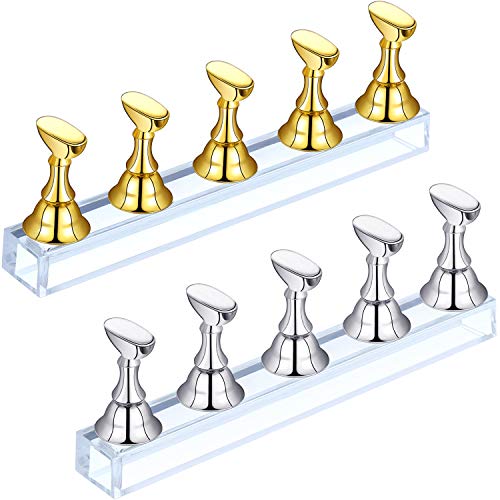2 Sets Acrylic Nail Display Stand - Magnetic Nail Practice Holder for False Nail Tips, Manicure Training Tool (Gold & Silver) - Perfect for Nail Salons, DIY Home Manicures & Nail Art Practice