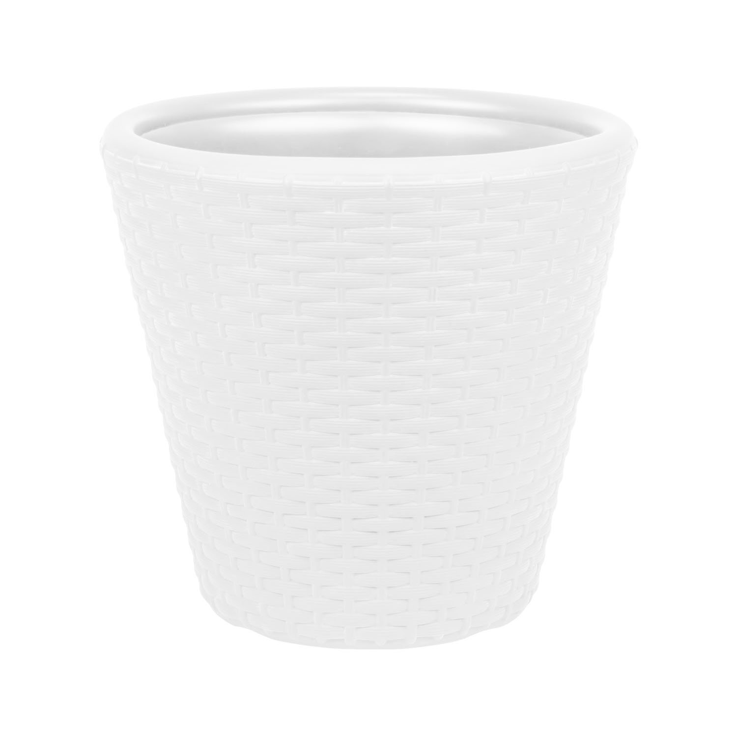 Prosper Plast 16-Inch White Rattan Flower Pot - Low Round RATO Planter for Indoor Plants, Outdoor Garden Decor, Patio & Balcony Decorations