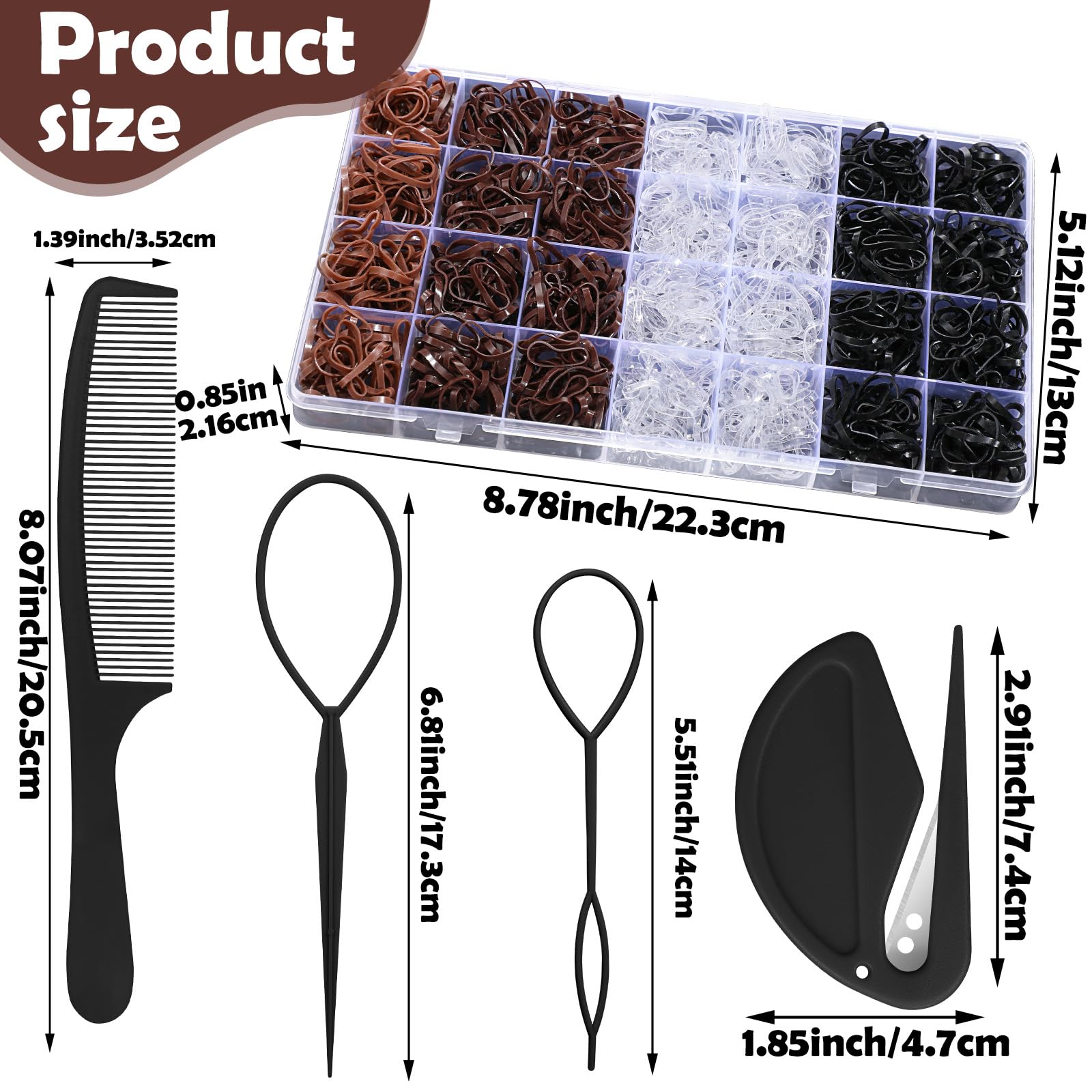 1500 Pcs Small Elastic Hair Bands - Black, Brown & Clear Mini Rubber Hair Ties for Women & Baby Girls | Includes Hair Comb & Elastic Cutter | Perfect for Ponytails, Braids & Everyday Hairstyles