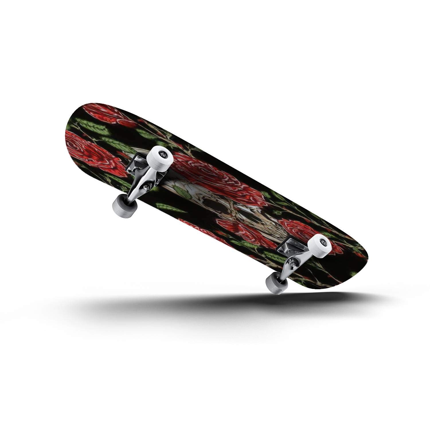 Skull and Red Roses Seamless Vector Skateboard - Classic Concave Longboard for Beginners & Pros | Extreme Sports Gear, Cool Teen Gifts for Skateboarding Enthusiasts | Perfect for Street Skating, Park Rides & Commuting