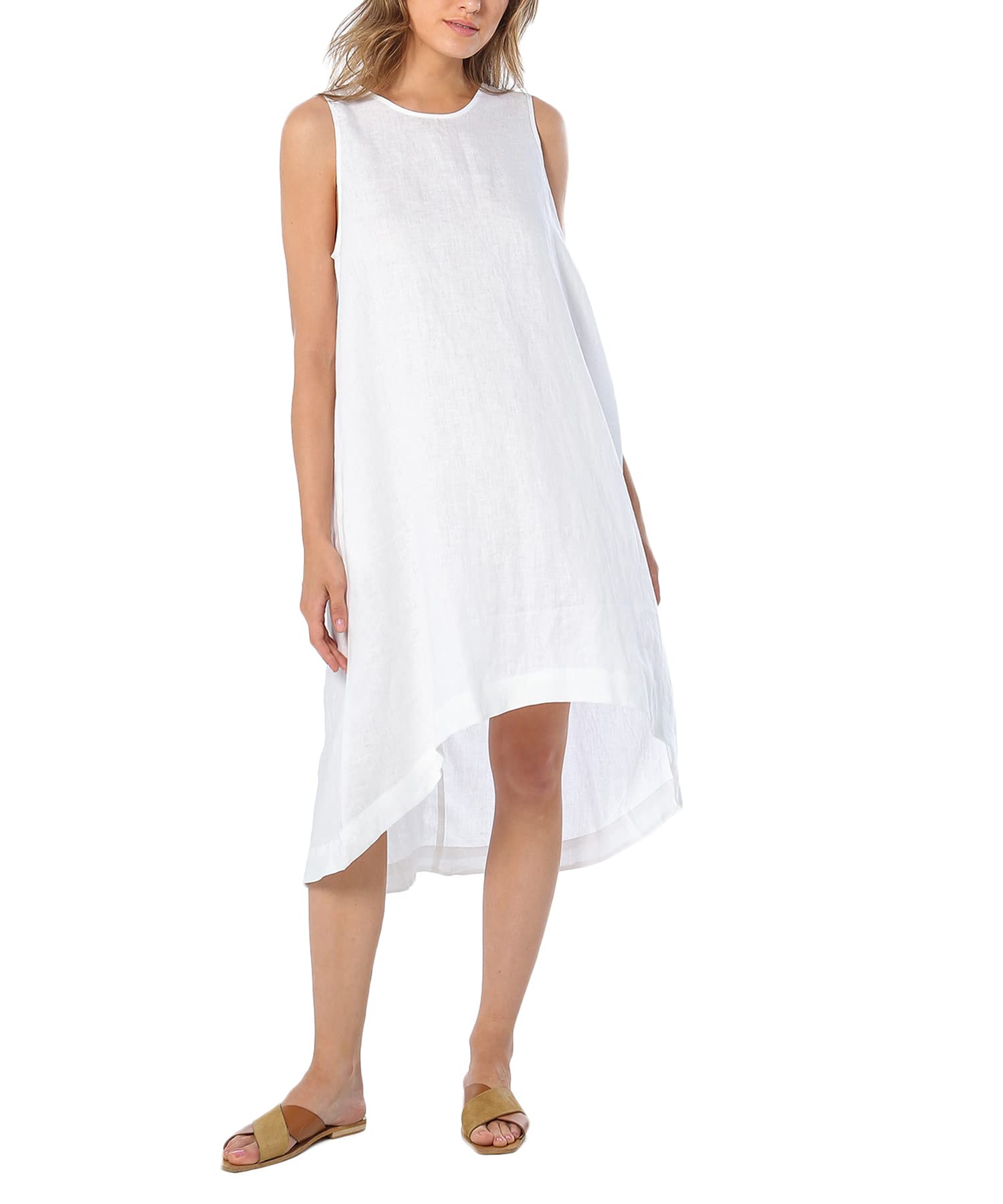 Amazhiyu Women's 100% Linen High-Low Midi Dress with Pockets - Summer Casual Flowy Dress for Beach, Vacation & Everyday Wear