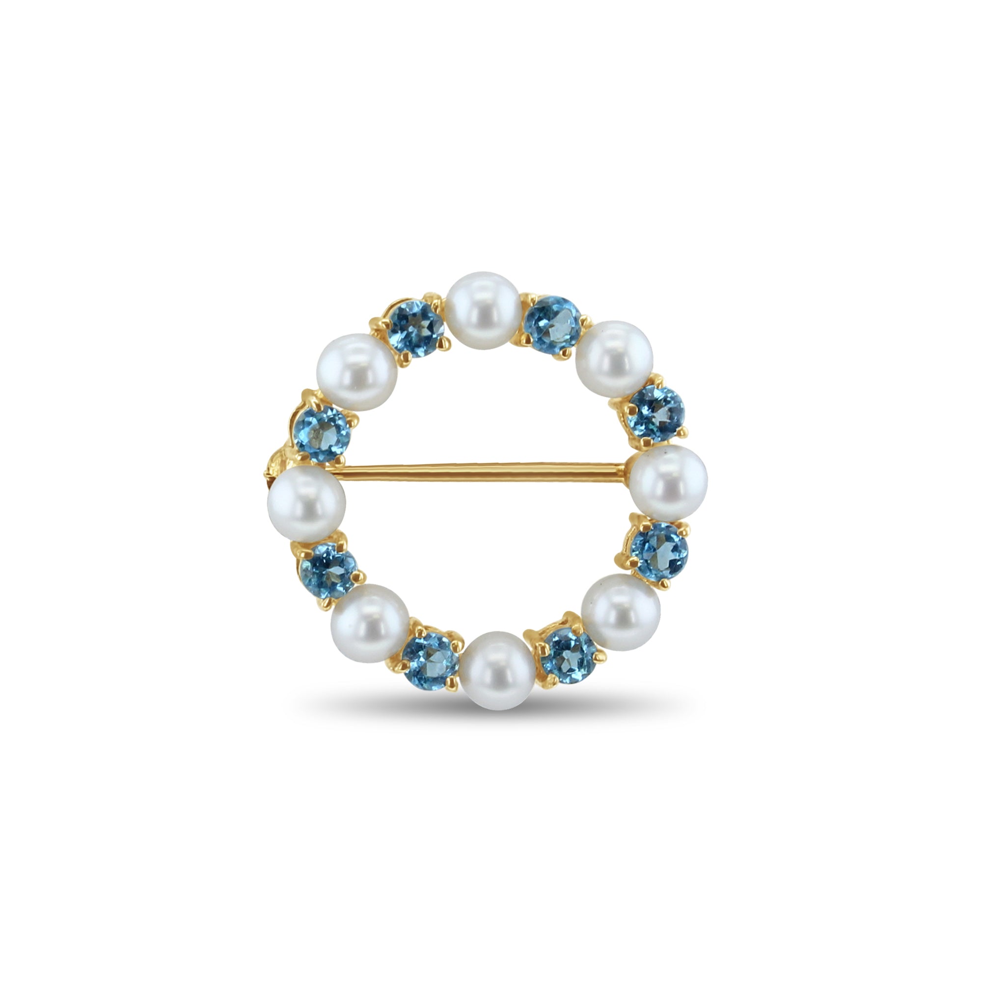 14k Yellow Gold Blue Topaz & Pearl Brooch - Elegant Jewelry for Weddings, Parties & Special Occasions
