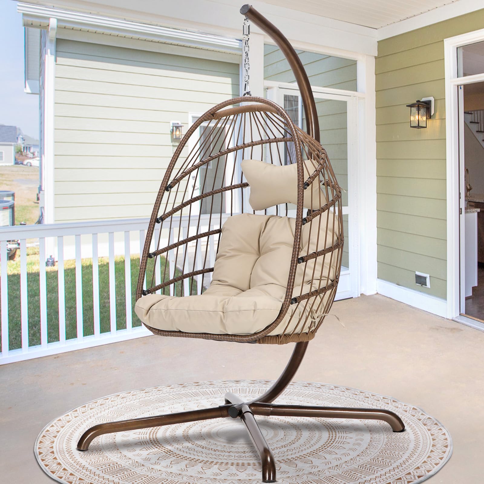 Outdoor Hanging Egg Chair with Stand - 350lbs Capacity PE Rattan Wicker Swing Chair with Waterproof Cushions, Foldable Basket Design for Patio, Garden, Bedroom & Indoor Use (Brown) | Perfect for Relaxing, Reading & Lounging in Backyard or Sunroom