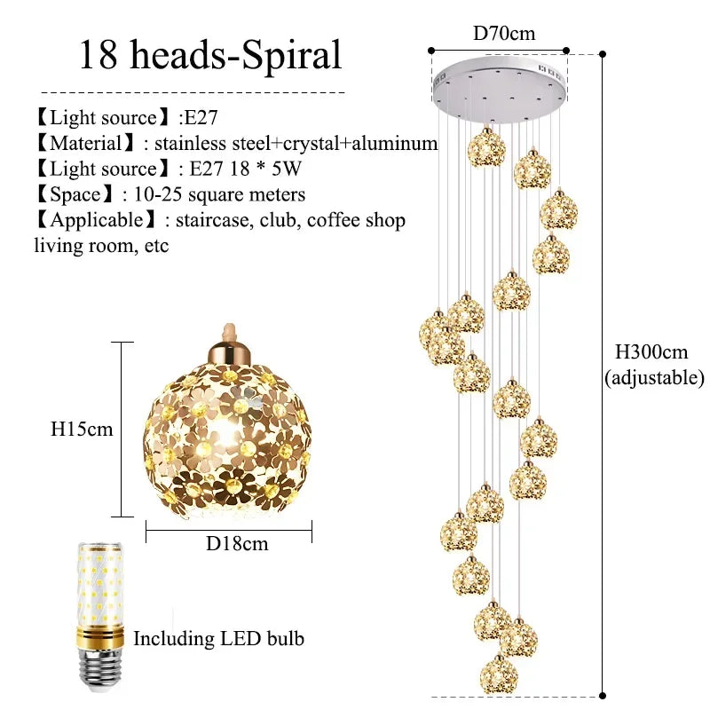 Modern Stainless Steel Petal Chandelier - Elegant Ceiling Light Fixture for Staircase, Living Room & Dining Room Decor | Energy Efficient LED Lighting for Home & Commercial Spaces