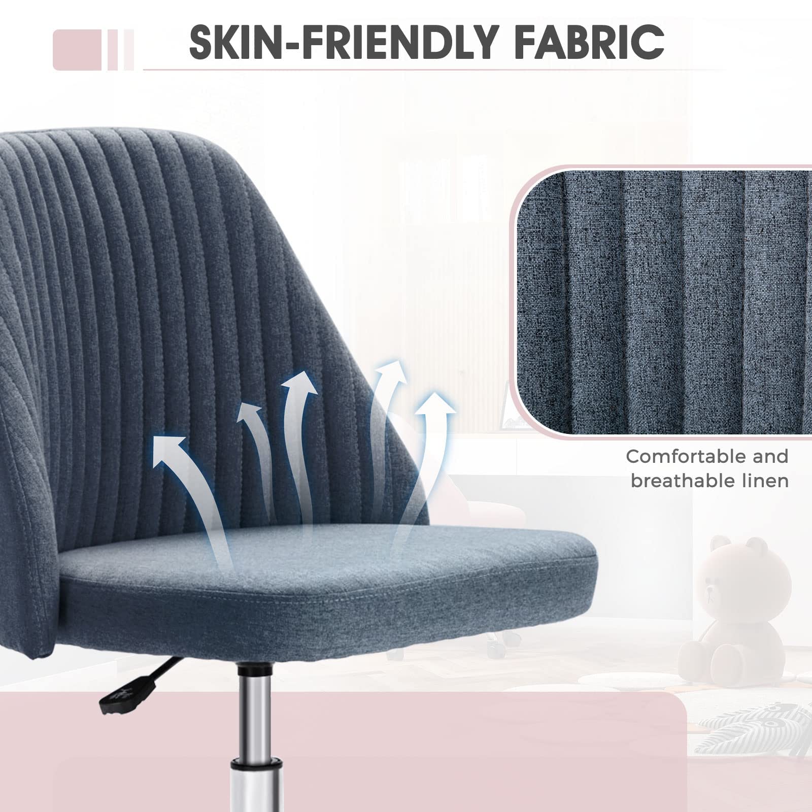 Ergonomic Home Office Desk Chair - Adjustable Rolling Task Chair with Lumbar Support, Armless Modern Design for Small Spaces, Bedroom, Makeup Vanity & Workspace - Comfortable Seating for Remote Work & Study