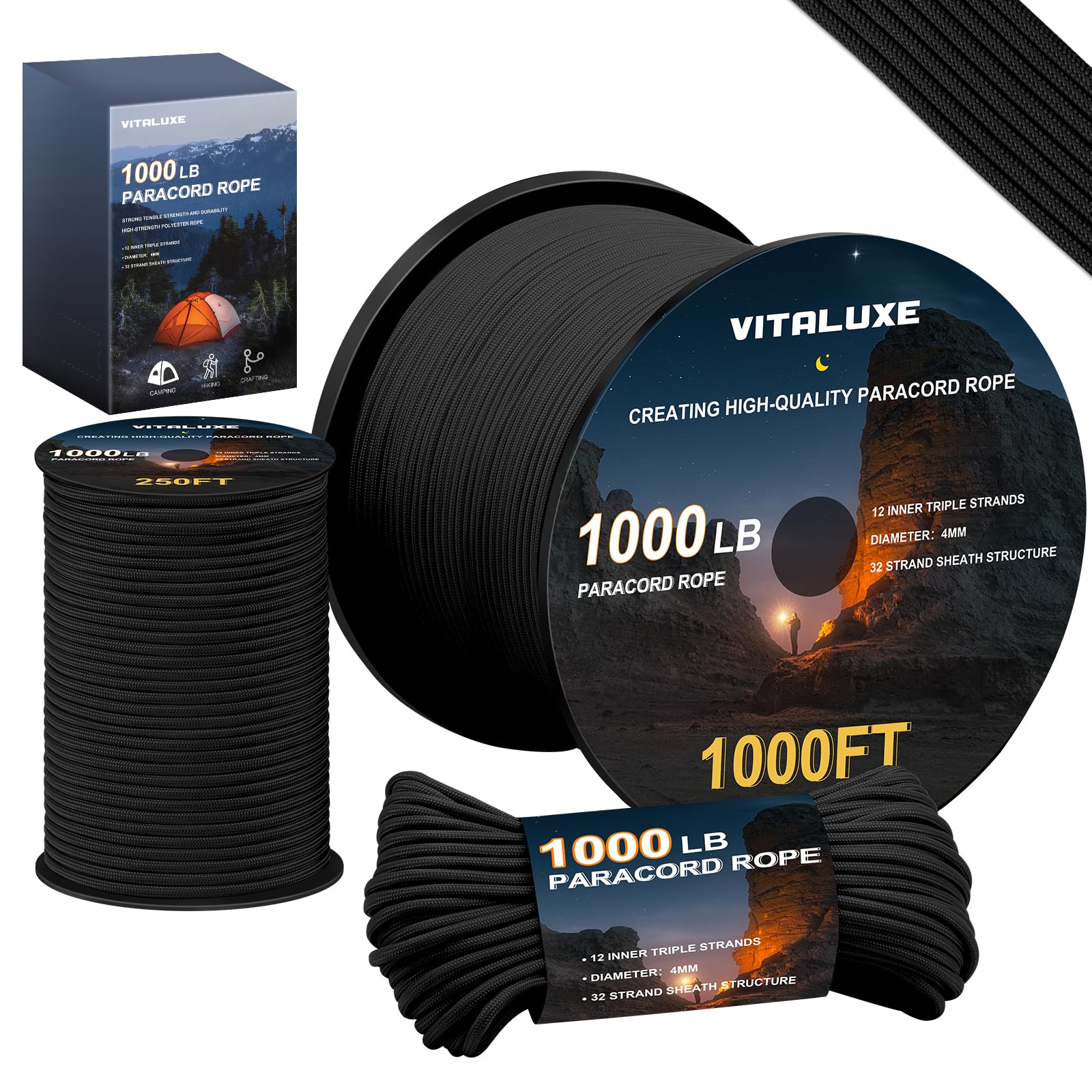 4mm 1000lb Paracord Rope - Heavy Duty Tactical Survival Cord for Camping & Hiking Gear