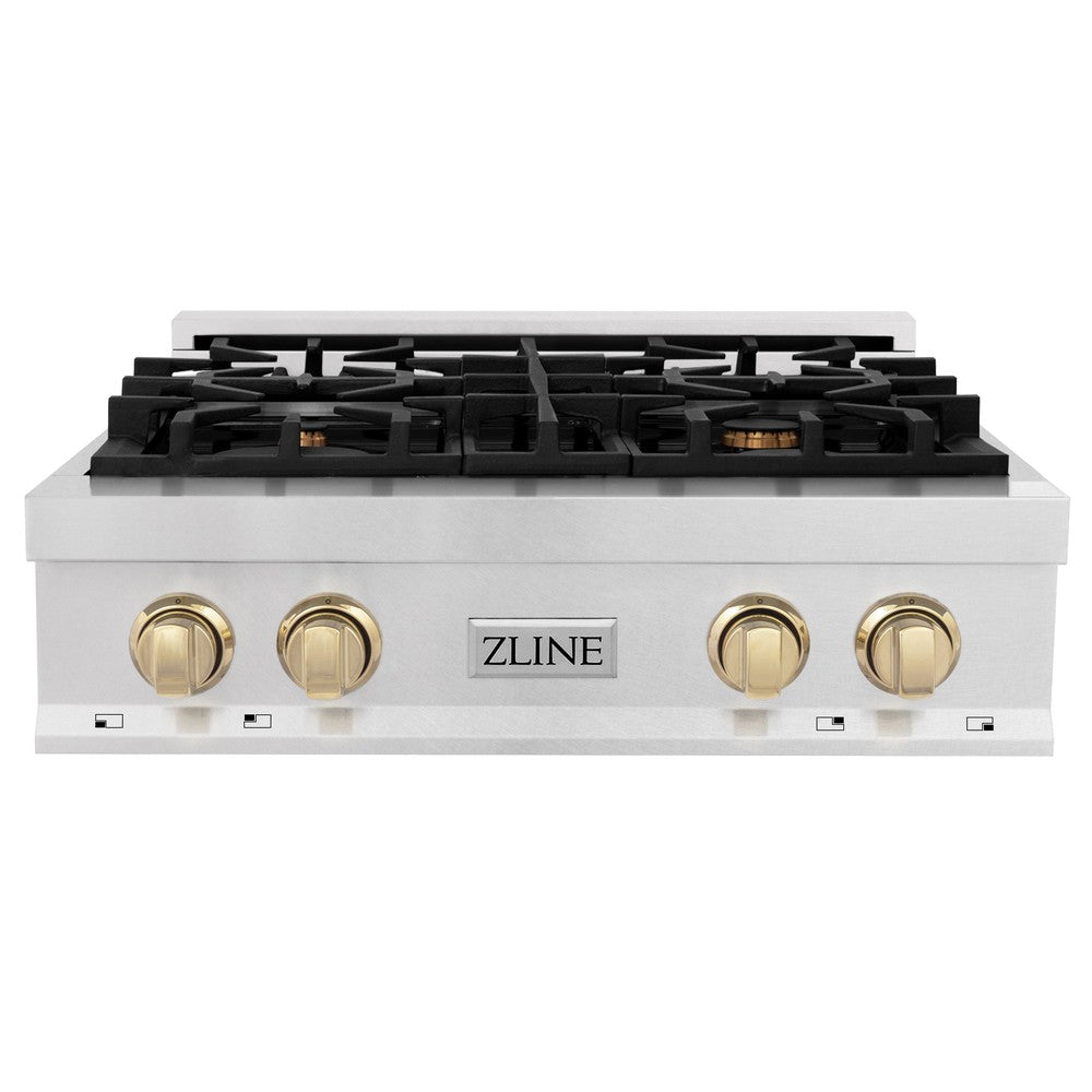 ZLINE Autograph Edition 30-Inch 4-Burner Gas Rangetop with Porcelain Cooktop - Satin Stainless Steel & Polished Gold Accents (RTSZ 30 G) - Perfect for Gourmet Kitchens & Modern Home Cooking