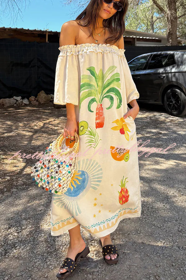 Sunveil Linen Blend Floral Print Puff Sleeve Strapless Maxi Dress with Pockets - Perfect for Beach Weddings, Summer Vacations & Boho Fashion