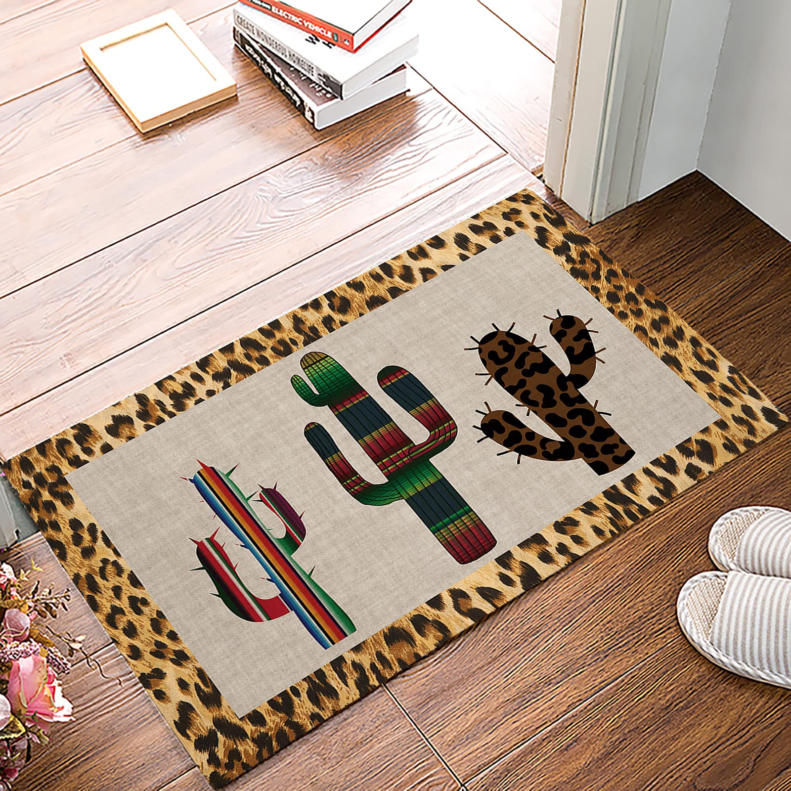 Cheetah Print Cactus Doormat 18x30 Inch - Non-Slip Indoor Outdoor Welcome Mat, Leopard Pattern Anti-Fatigue Floor Rug for Front Door, Kitchen, Bathroom - Funny Home Decor for Tropical & Boho Style Spaces