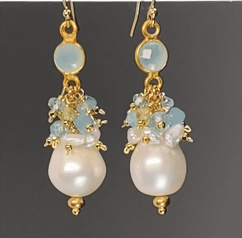 Elegant Pearl Cluster Earrings with Peridot, Aquamarine & Apatite Gemstones in Gold - Perfect for Weddings, Parties & Special Occasions