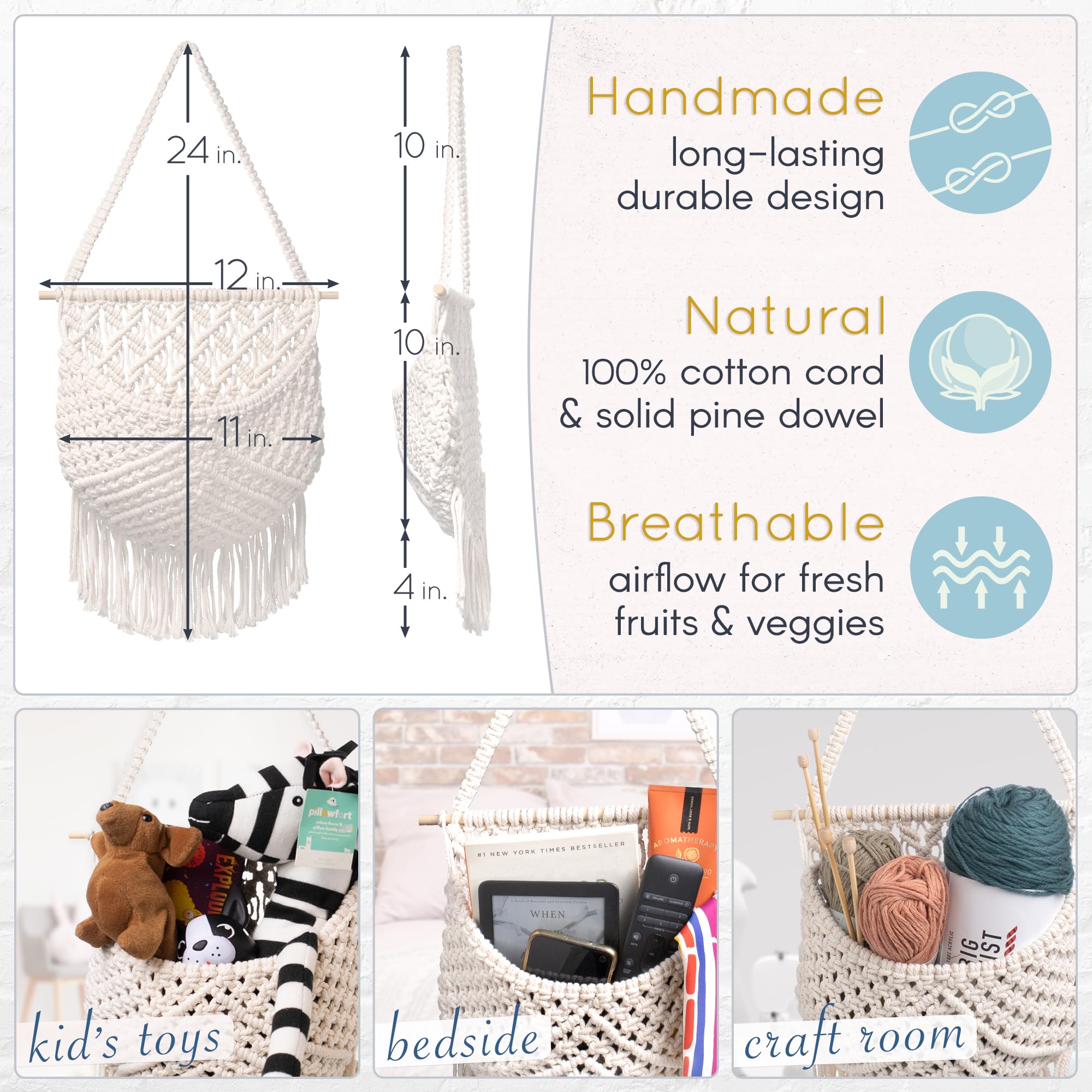 Macrame Fruit Basket - Cotton Hanging Storage for Kitchen, Under Cabinet Organizer - Boho Wall Decor for Fruits & Vegetables - Space Saving Countertop Solution - Perfect for Small Kitchens & Pantry Organization