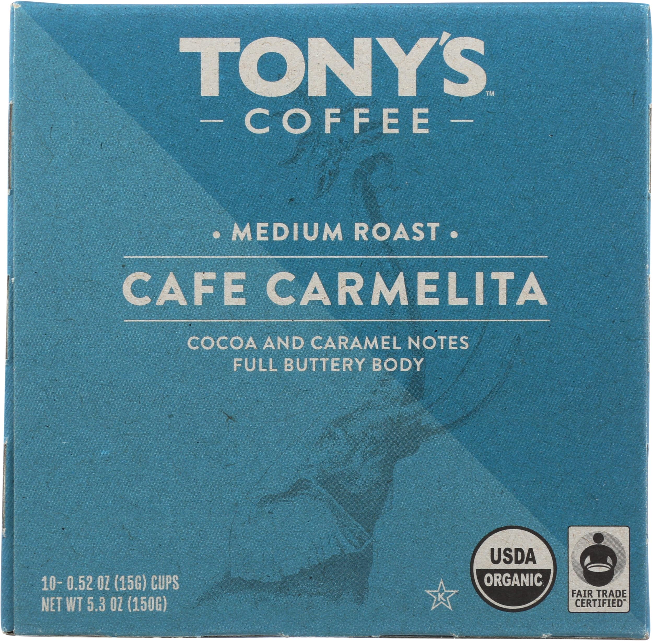 Tony's Coffee Cafe Carmelita Medium Roast Single Serve Coffee Pods - 10 Count - Perfect for Keurig Brewers & Office Coffee Breaks