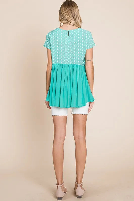 Women's Full Size Embroidered Mint Green Short Sleeve Pleated Babydoll Top - Casual Summer Blouse for Beach, Date Night & Everyday Wear