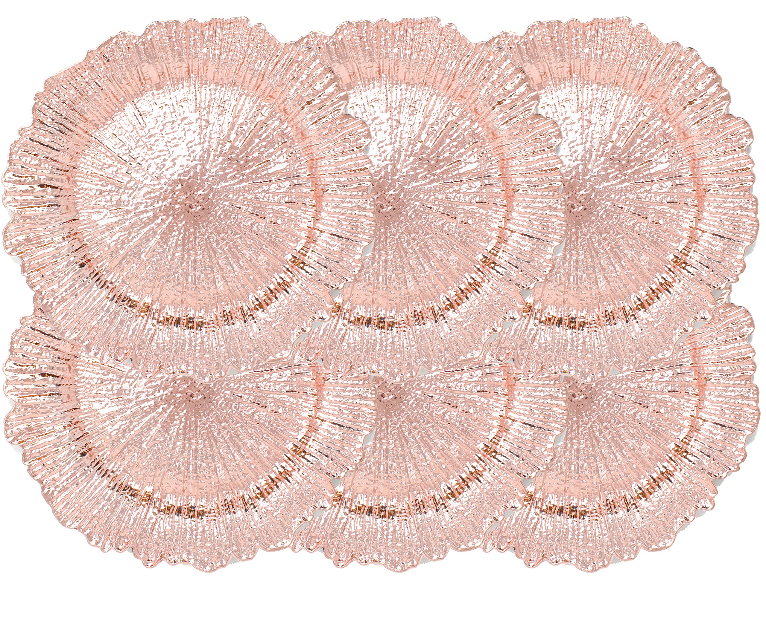 Premium Plastic Reef Charger Plates Set of 6 - Elegant Rose Gold Glossy Finish - Durable & Reusable for Weddings, Parties & Formal Dining Events