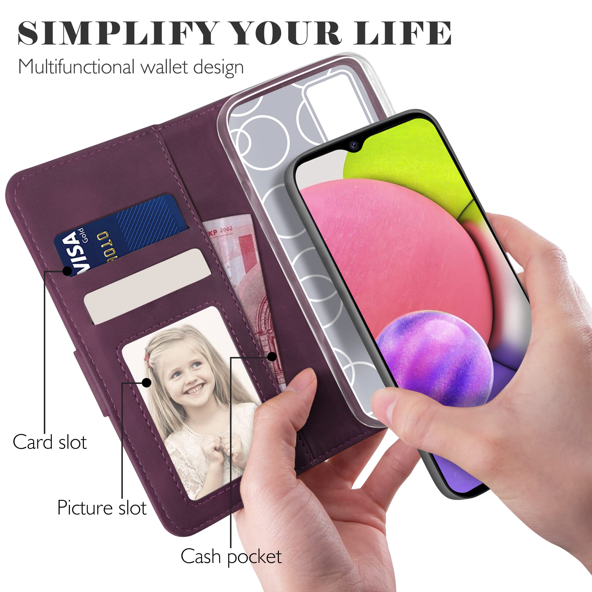 YATWIN Samsung Galaxy A03s Wallet Case - Leather Flip Cover with Magnetic Clasp, Credit Card Holder, Shockproof Protection & Kickstand (Wine Red) | Perfect for Women's Everyday Use, Commuting & Travel