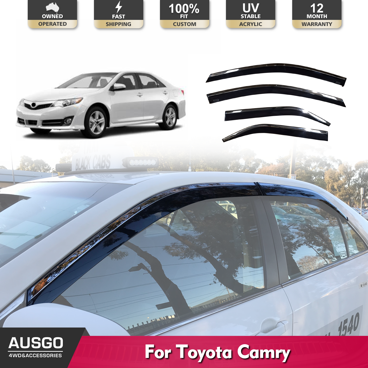 2012-2015 Toyota Camry Stainless Steel Window Deflectors - Rain Guards & Wind Noise Reduction for All-Weather Protection (Set of 4) | Perfect for Highway Driving & Parking in Sun/Rain
