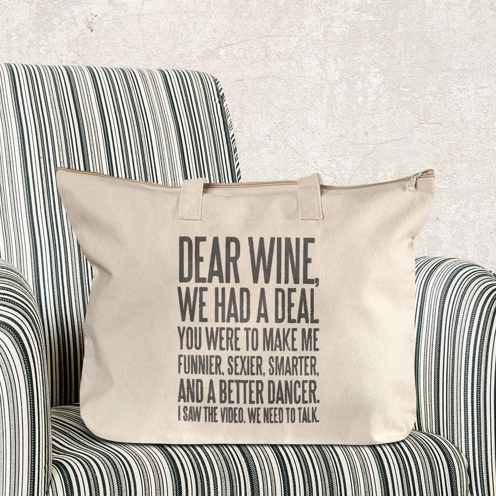 Funny Canvas Beach Tote Bag - 'Dear Wine We Had A Deal' Novelty Humor Zippered Shopping Bag for Women | Perfect for Beach Trips, Grocery Shopping & Wine Tasting Outings