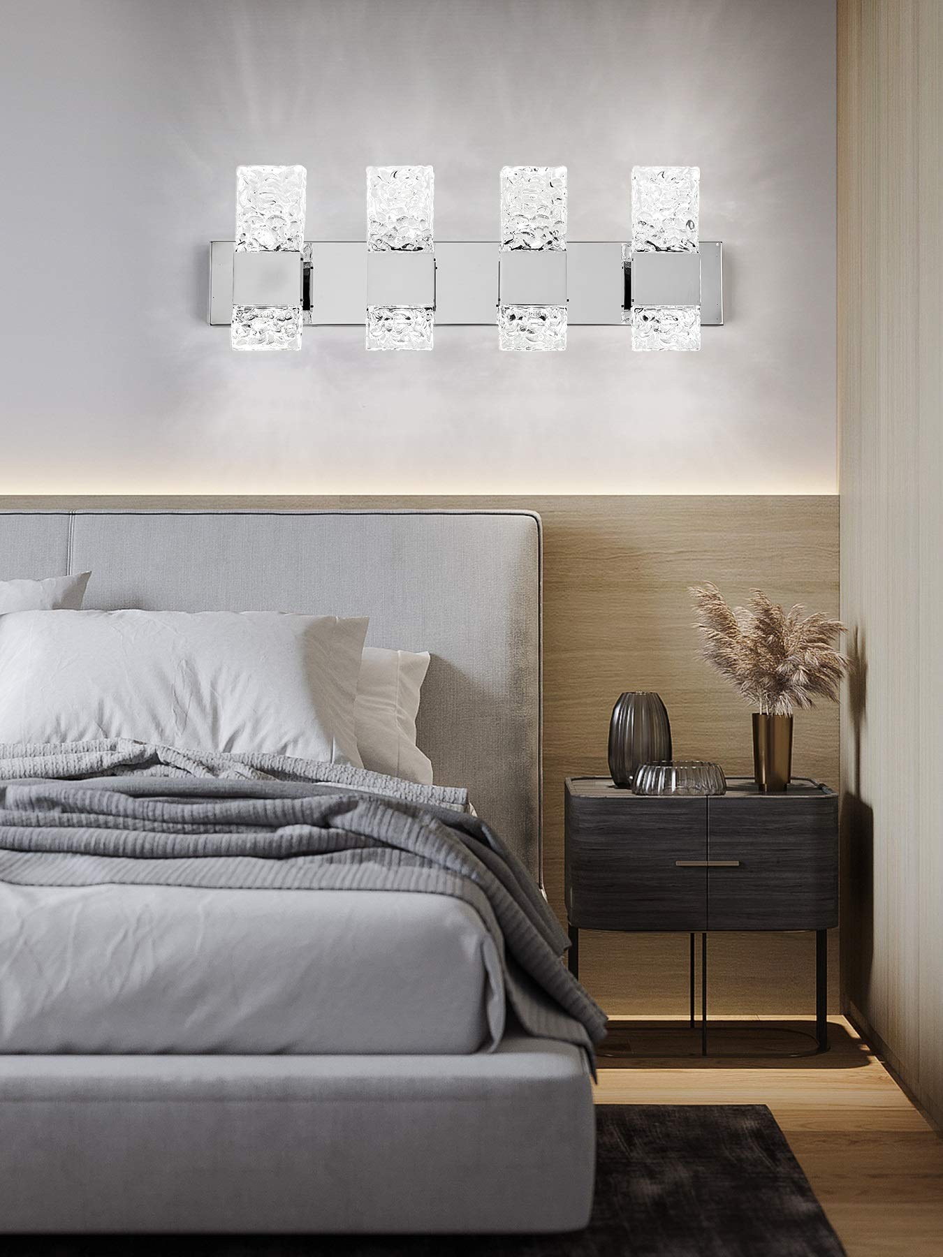 Modern LED Bathroom Vanity Light Fixtures - Chrome Stainless Steel 4-Light Wall Sconces for Bathroom Lighting Over Mirror - 28 Inch 40W LED Crystal Wall Light - Cool White 5800K - Perfect for Modern Bathrooms, Powder Rooms & Vanity Areas