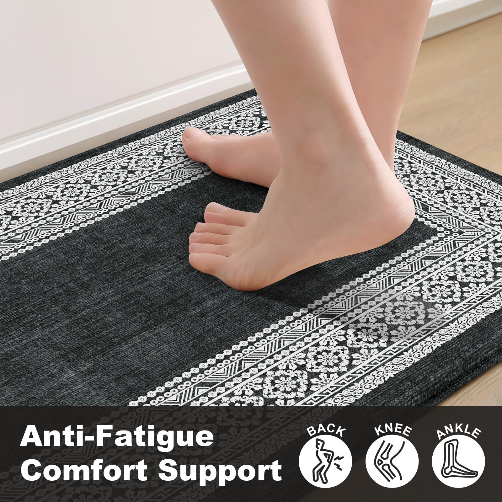 2-Pack Anti-Fatigue Kitchen Floor Mats - Waterproof Memory Foam Standing Mat for Kitchen, Bathroom, Laundry & Office - Black Non-Slip Cushioned Rug for Comfortable Standing All Day