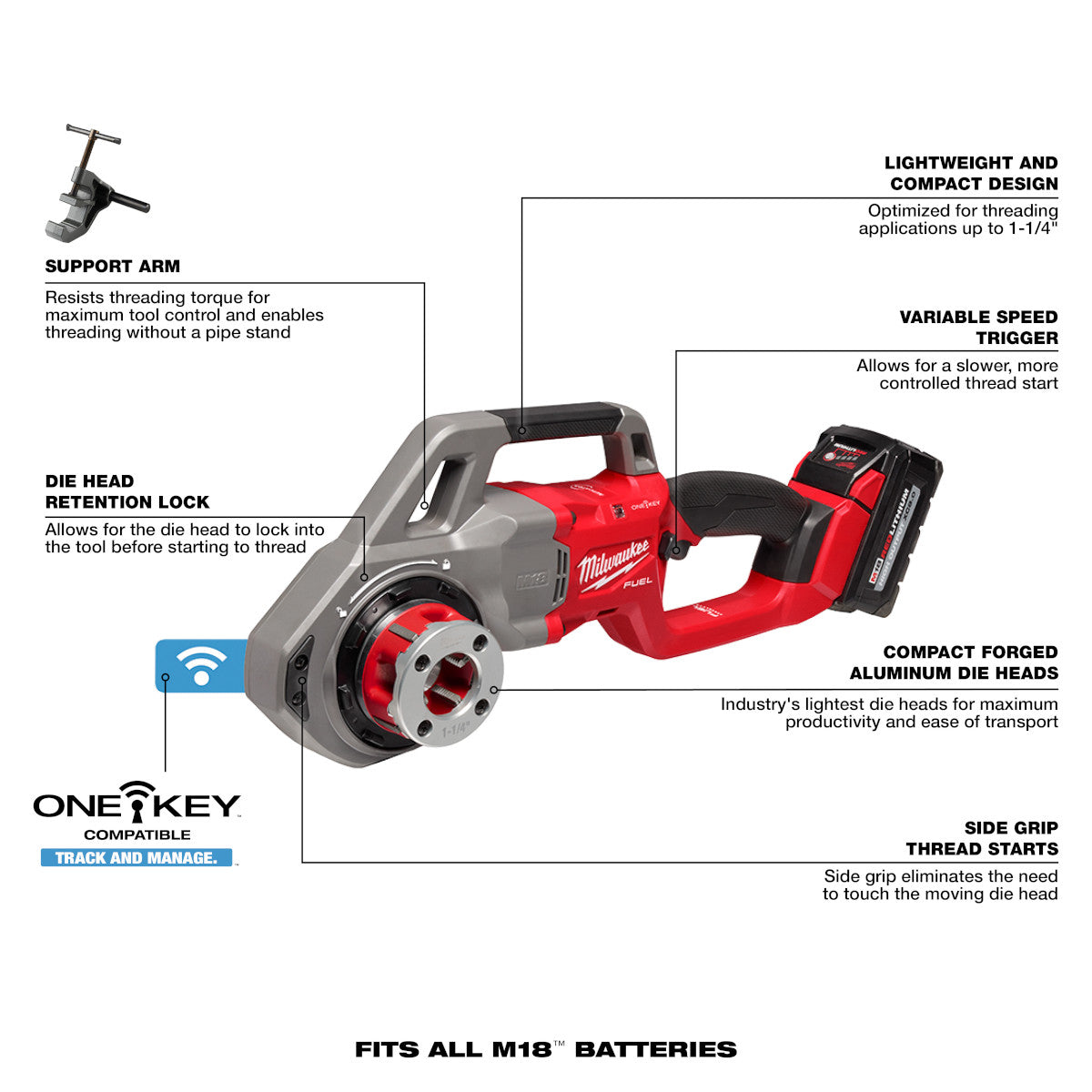 Milwaukee 2870-22 M18 FUEL™ Compact Pipe Threader Kit with ONE KEY™ Technology - Includes 1/2