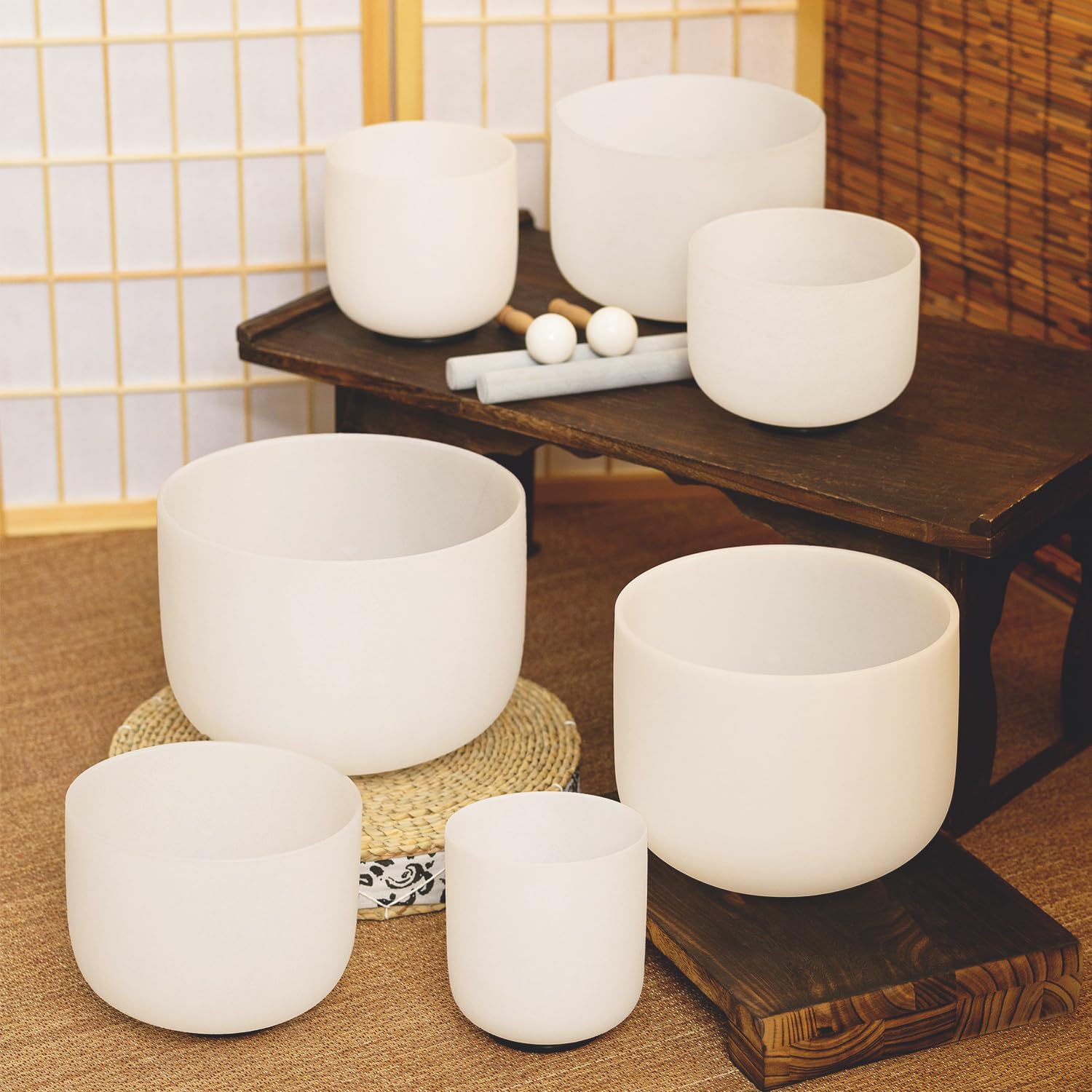 KVKA 7-12 Inch 440Hz Crystal Singing Bowls Set of 7 Pieces - White with Carrying Cases for Yoga, Meditation, Sound Healing & Relaxation Therapy