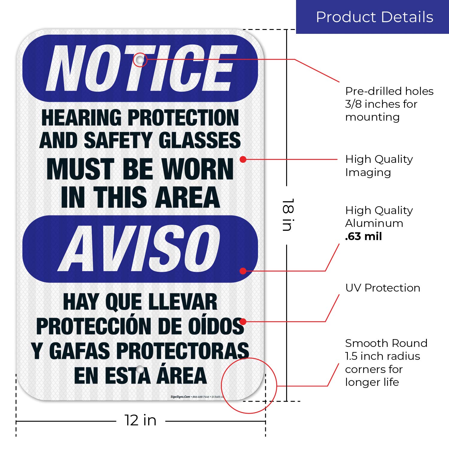 OSHA Compliant Bilingual Safety Sign - 'Hearing Protection & Safety Glasses Required' - 12x18 Inches, 3M EGP Reflective .063 Aluminum - Fade Resistant for Indoor/Outdoor Use - Made in USA - Perfect for Construction Sites, Factories & Hazardous Work Areas