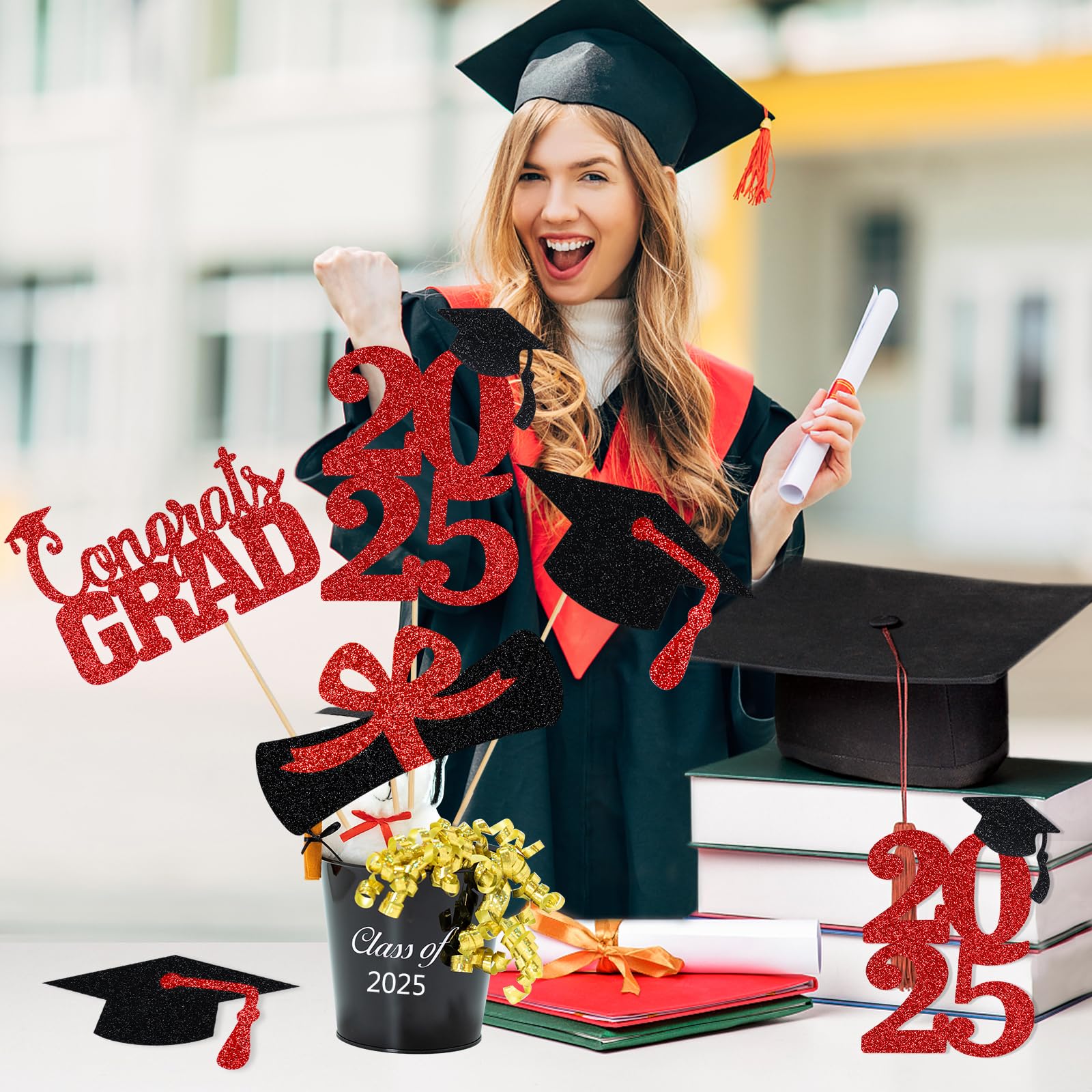24Pcs Red 2025 Graduation Centerpiece Sticks - Elegant Table Decorations for Graduation Party, Commencement & Celebration - Perfect for Graduation Ceremony Decor, Banquet Tables & Photo Backdrops