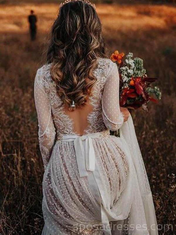 Elegant Long Sleeve Backless Lace Wedding Dress - Romantic A-Line Bridal Gown for Church Ceremony & Beach Weddings - WD528