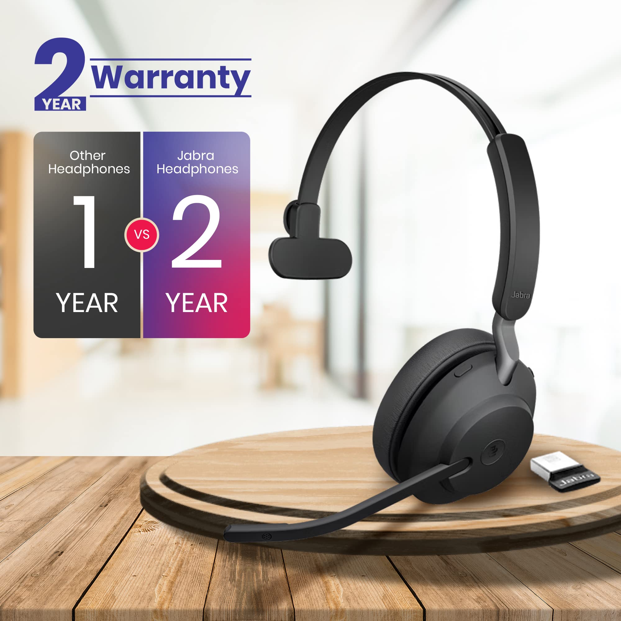 Jabra Evolve2 65 Wireless Bluetooth Headset with Charging Stand - Noise Cancelling Office Headphones for Teams, Zoom, PC & Mobile Calls - Includes USB Dongle & Global Tech Support - Perfect for Remote Work, Video Meetings & Business Communication