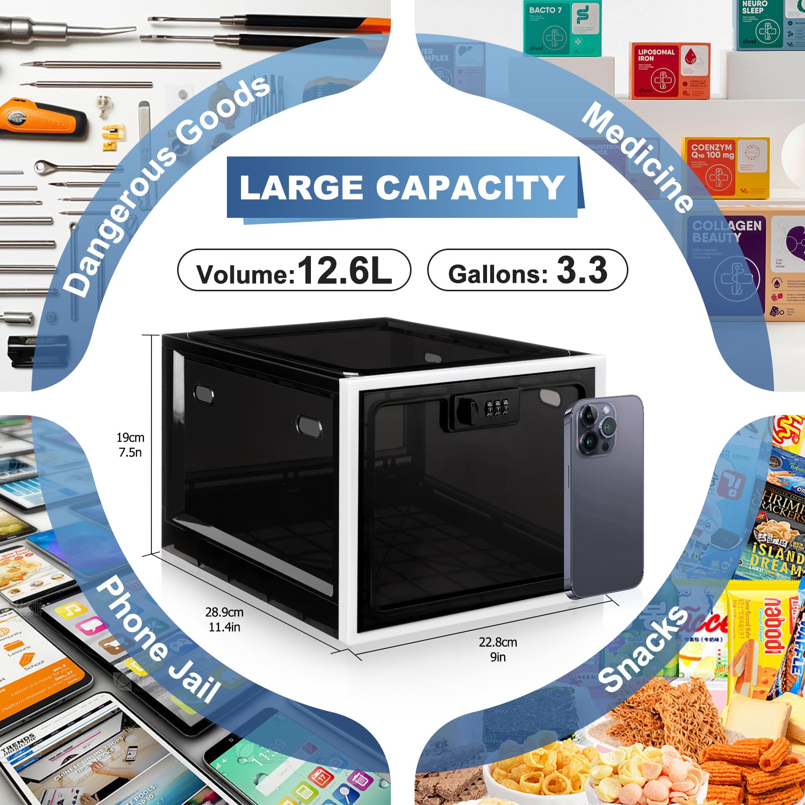 Secure Lockable Storage Box - Premium Medicine & Food Safe Organizer for Fridge, Snacks, Phone, Tablet | Home & Travel Safety Solution for Medications, Valuables & Essentials