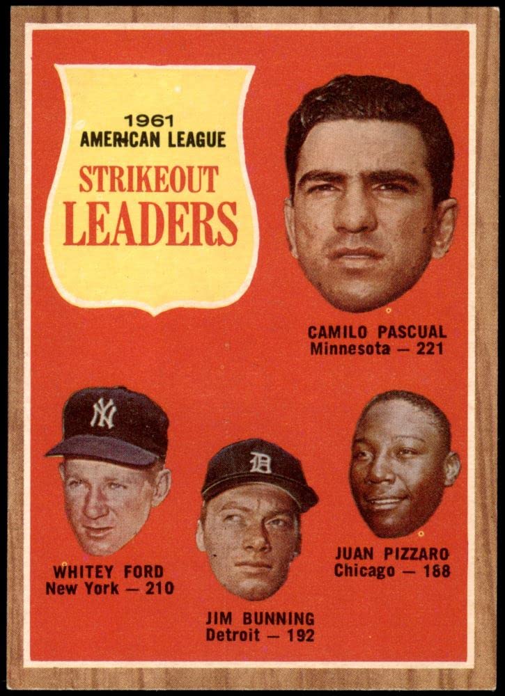 1962 Topps #59 AL Strikeout Leaders Baseball Card - Whitey Ford, Jim Bunning, Camilo Pascual, Juan Pizarro (Twins, Yankees, Tigers, White Sox) NM+ Condition - Perfect for Baseball Memorabilia Collectors and Vintage Sports Fans