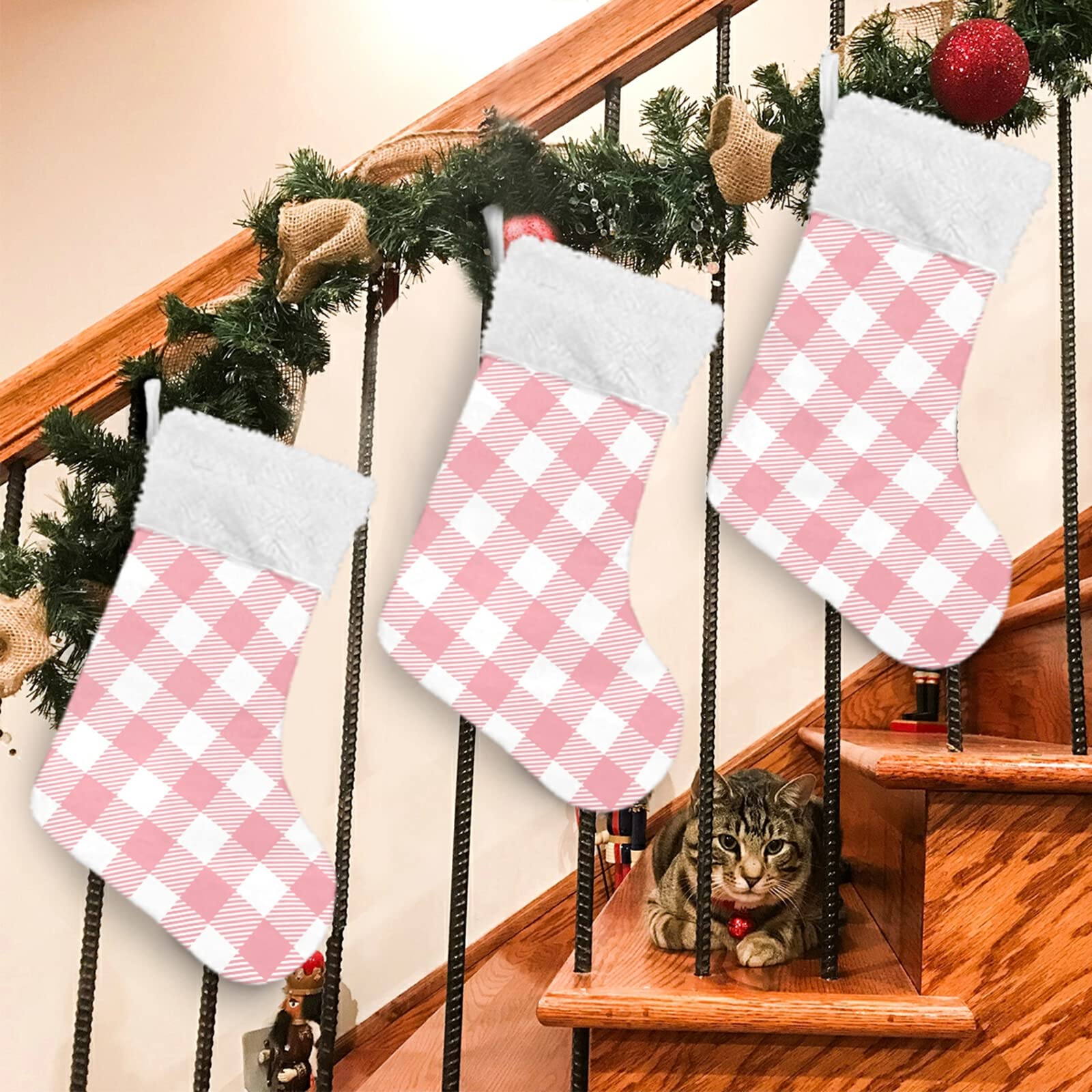 Personalized Pink Buffalo Plaid Christmas Stockings with Snowflake Design - 18 Inch Large Holiday Stockings for Xmas Decor, Family Party, Fireplace Mantel & Festive Gift Giving (Set of 2)