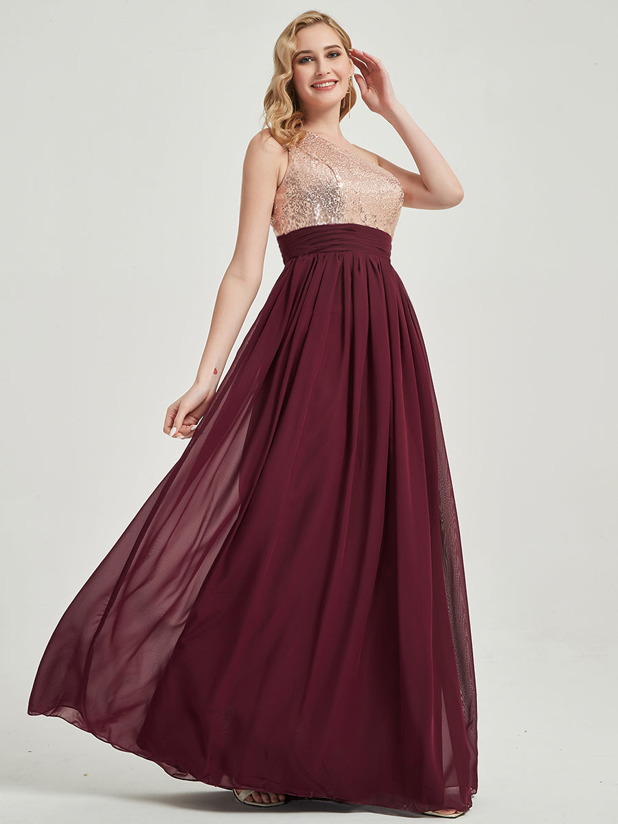 Elegant Burnt Orange One Shoulder Sleeveless Chiffon Sequin Bridesmaid Dress - Perfect for Weddings, Formal Events & Evening Parties