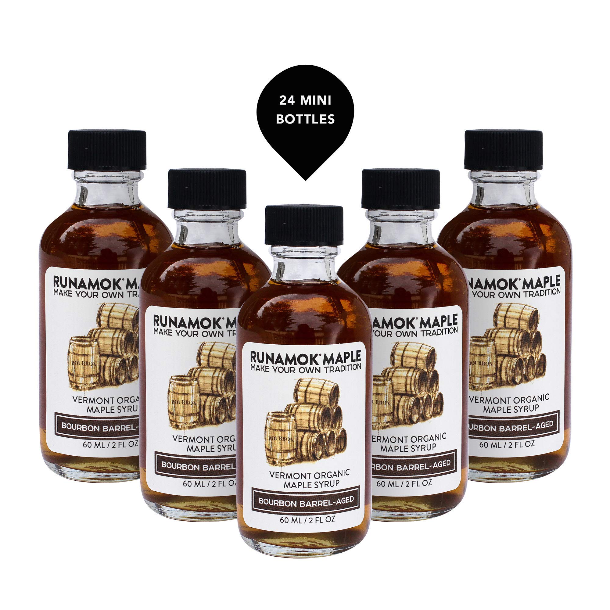 Premium Bourbon Barrel-Aged Maple Syrup Mini Bottles (2 Fl Oz/60ml) - 24-Pack for Wedding Favors, Stocking Stuffers & Gourmet Gifts | Pure Vermont Maple Syrup Sampler | Perfect for Pancakes, Cocktails & Dessert Toppings