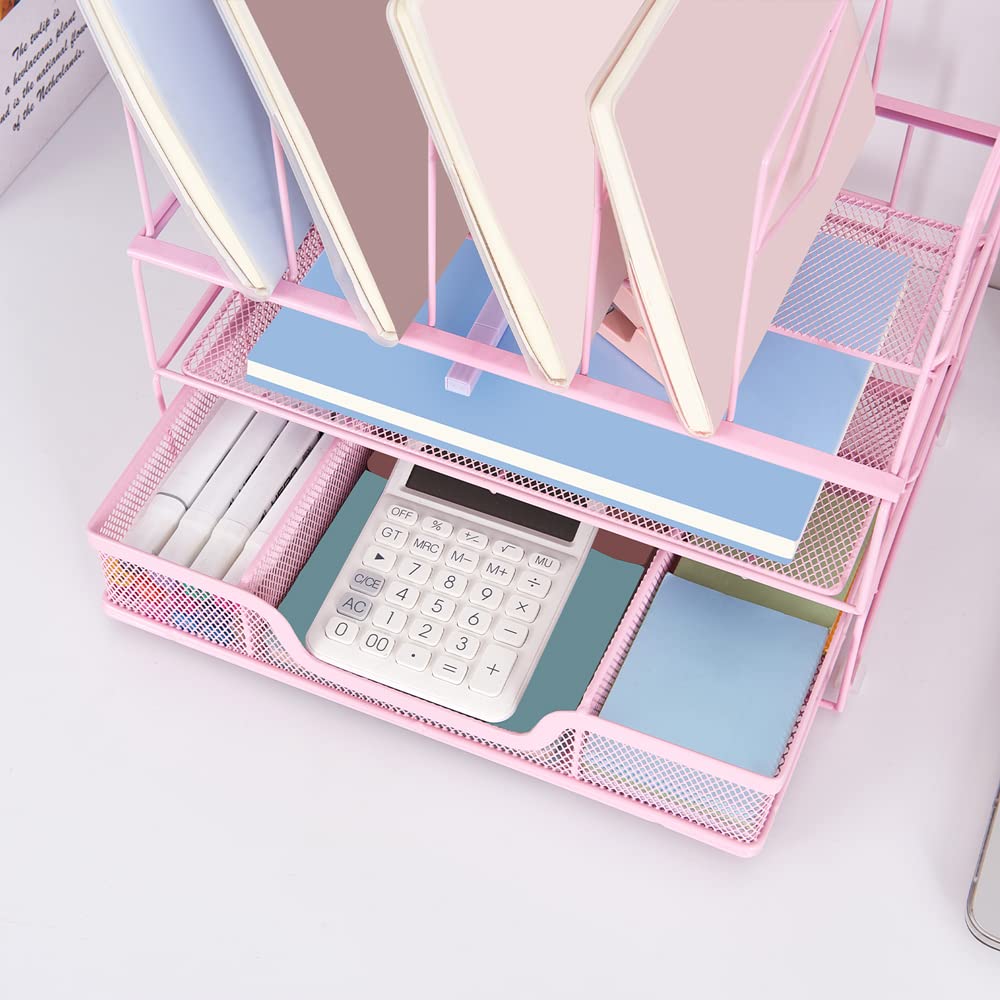 Desk Organizers and Accessories - Office Supplies Desktop Organizer with Sliding Drawer, Dual Tray & 5 Upright Sections - File Folder Holder for Home Office, Workstation & Study Desk - Perfect for Paper Management, Document Storage & Workspace Organization