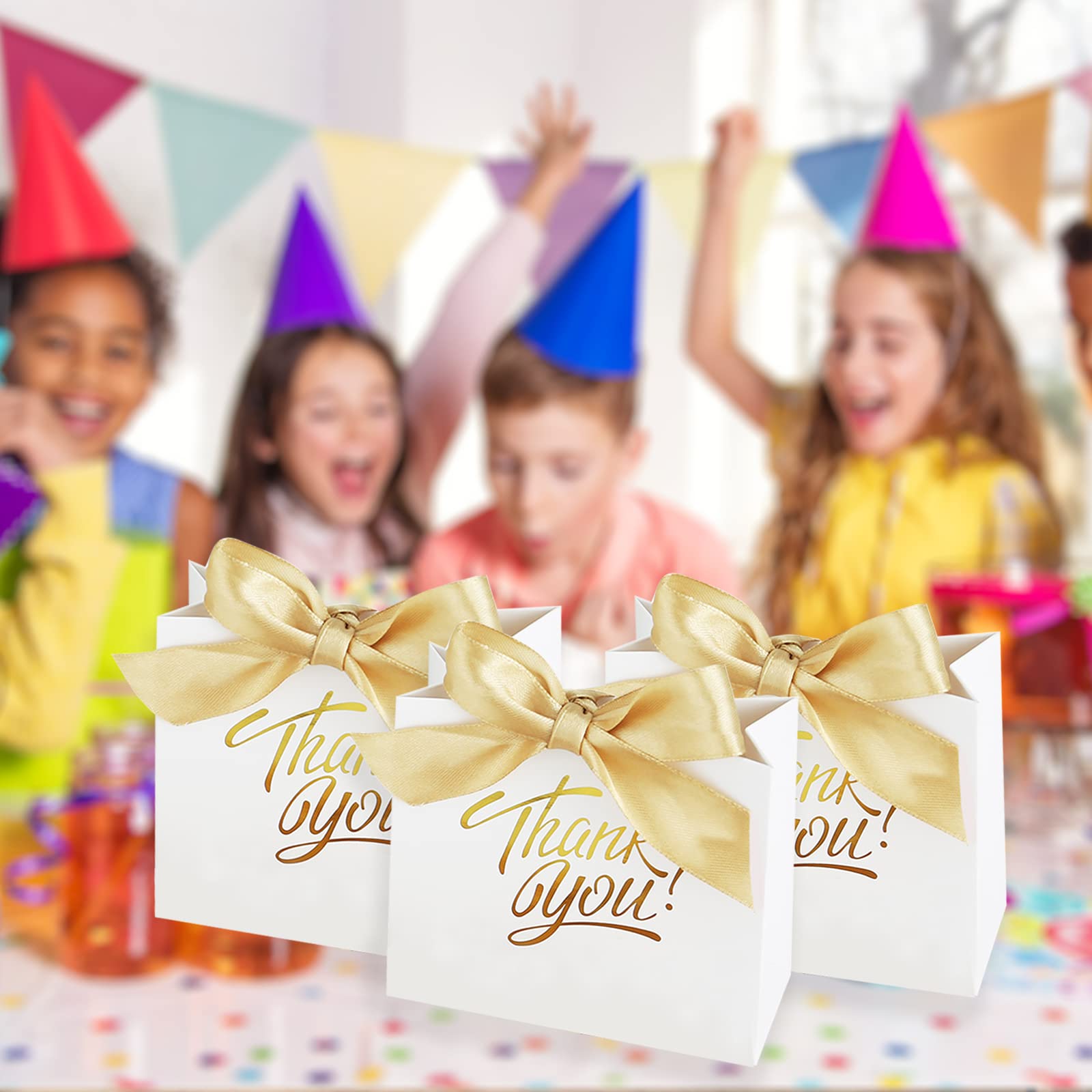 KPOSIYA 50 Pack Small White Gift Bags with Bow Ribbon, 4.5x1.8x3.9 Inches Thank You Bags for Wedding, Baby Shower, Birthday Party Favors, Bridal Gifts, Candy & Treat Packaging - Perfect for Party Decorations and Special Occasions