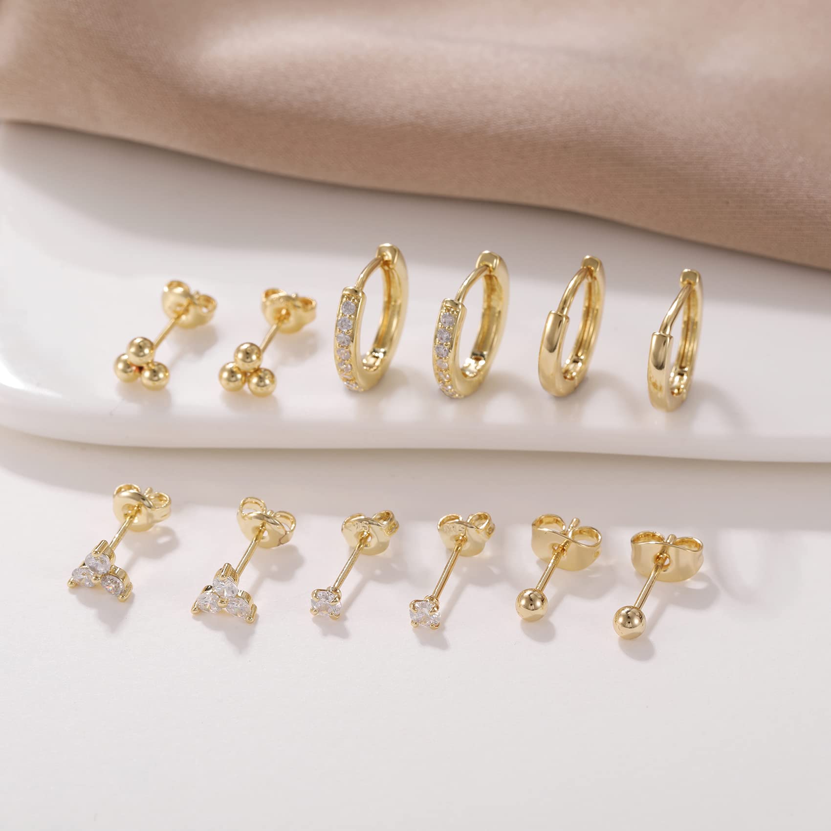 8 Pairs Sterling Silver & 14K Gold Plated Hypoallergenic Cubic Zirconia Stud Earrings for Women - Elegant Small Stud Earrings Set for Everyday Wear, Gift Giving & Special Occasions
