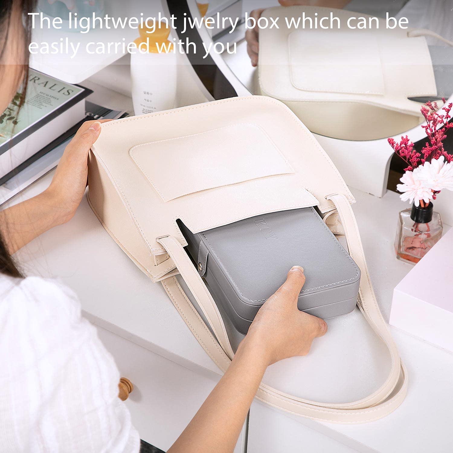 KCY Women's Travel Jewelry Organizer Box - PU Leather Portable Jewelry Case for Earrings, Necklaces, Rings & Bracelets - Compact Jewelry Storage Display Holder - Perfect Gift for Women & Girls (Grey) - Ideal for Travel, Home Organization & Daily Jewelry Protection