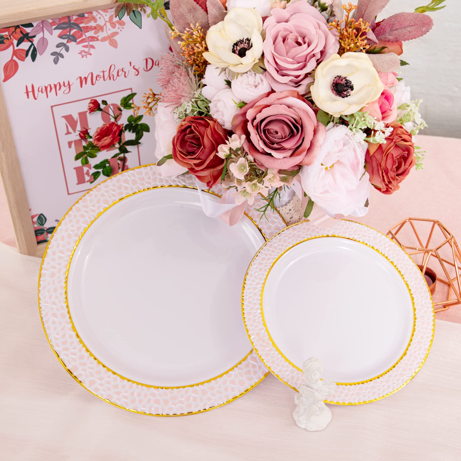 Liacere 102-Piece Pink Plastic Plates & 30-Pack Gold Plastic Cutlery Set - Perfect for Birthday Parties, Weddings, and Outdoor Events