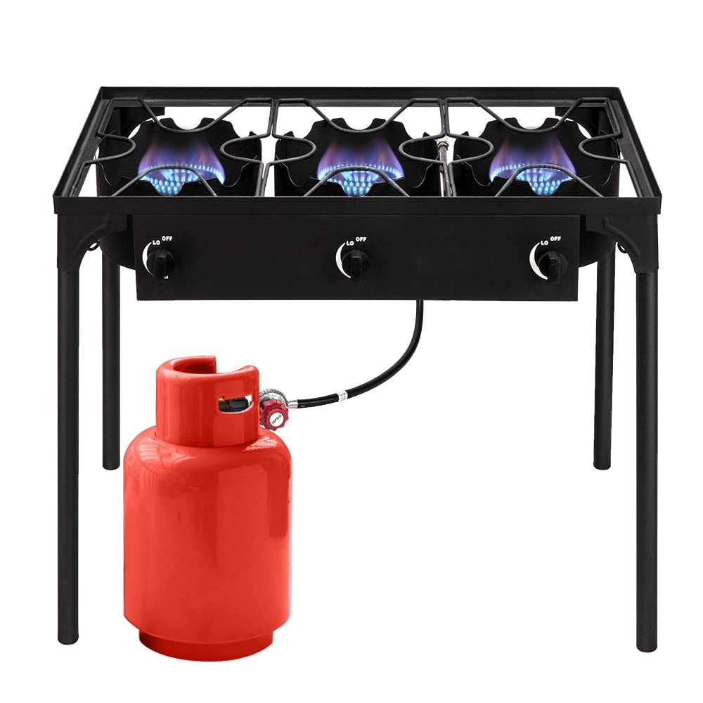 Henf Outdoor Stove Camp Stove - Portable High Pressure Propane Gas Cooker with 0-20 PSI Adjustable Regulator, Height Adjustable Legs, 3 Burner 225000 BTU for Camping, Backpacking & Outdoor Cooking