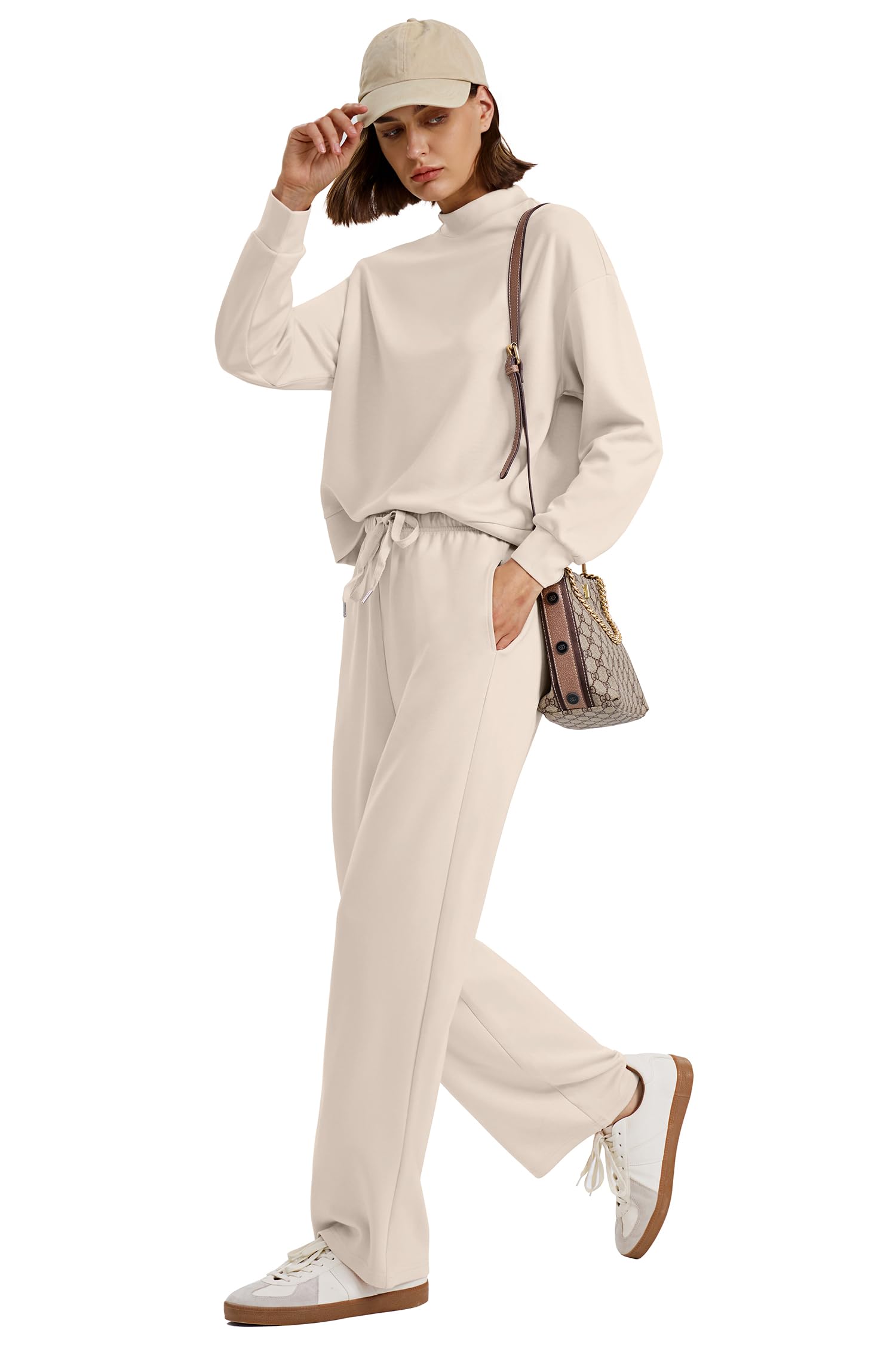 WIHOLL Women's Two Piece Lounge Set - Mock Neck Top & Wide Leg Pants | Fall Outfits for Travel, Airport & Vacation | Comfortable Casual Wear for Home, Office & Outings