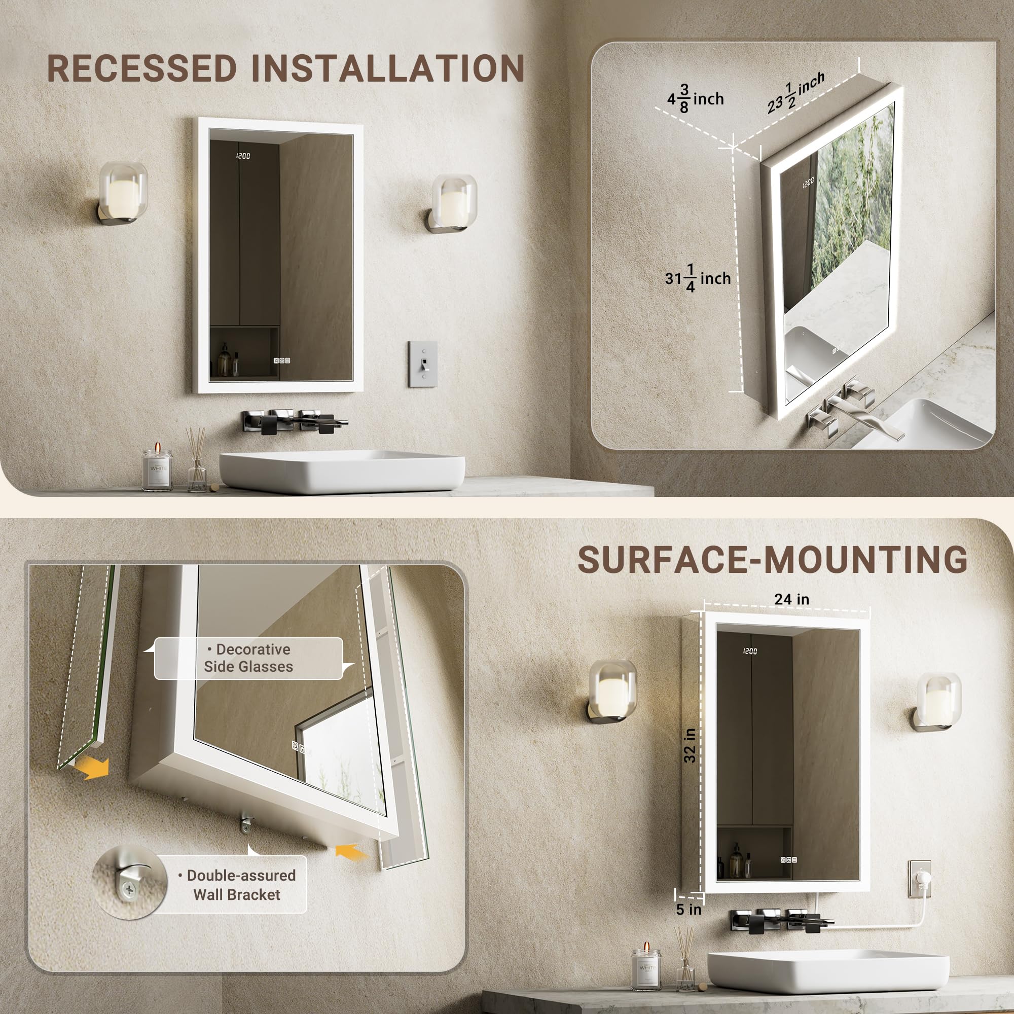 24x32 Inch LED Medicine Cabinet with Mirror - Dimmable, Fogless Aluminum Bathroom Storage with Outlet, Time Display & Motion Sensor Light | Perfect for Modern Bathrooms, Vanities & Spa-Like Retreats