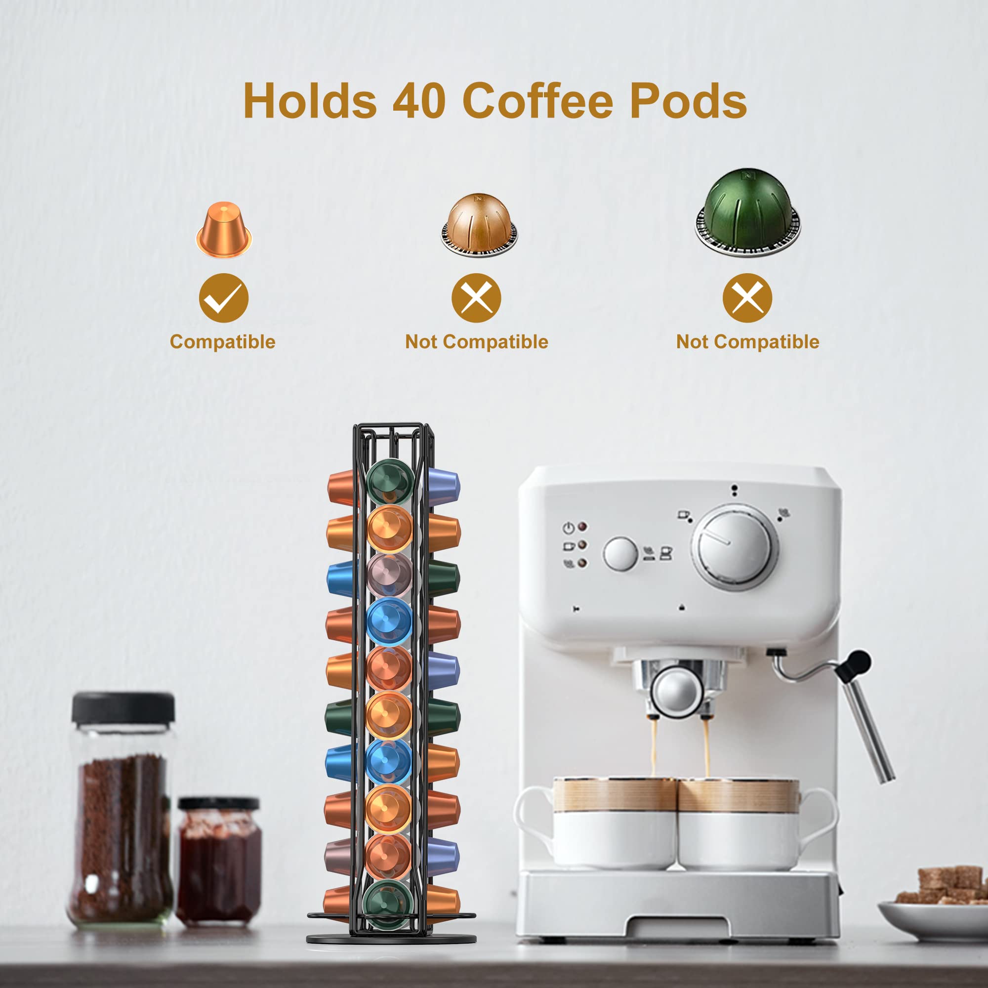 Rotatable Coffee Pod Holder & Storage Organizer - Compatible with Nespresso OriginalLine (40 Capsules), Countertop Coffee Station Carousel - Perfect for Kitchen, Office & Small Spaces - Black