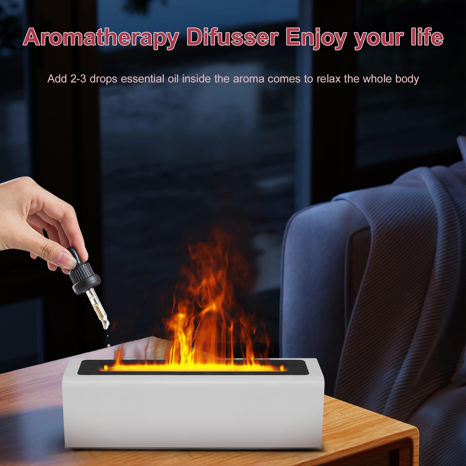 Portable Aromatherapy Essential Oil Diffuser with 7 Color Changing LED Flame Night Light - 2 Lighting Modes & Humidifier for Home, Office, Yoga, Spa, and Bedroom Relaxation