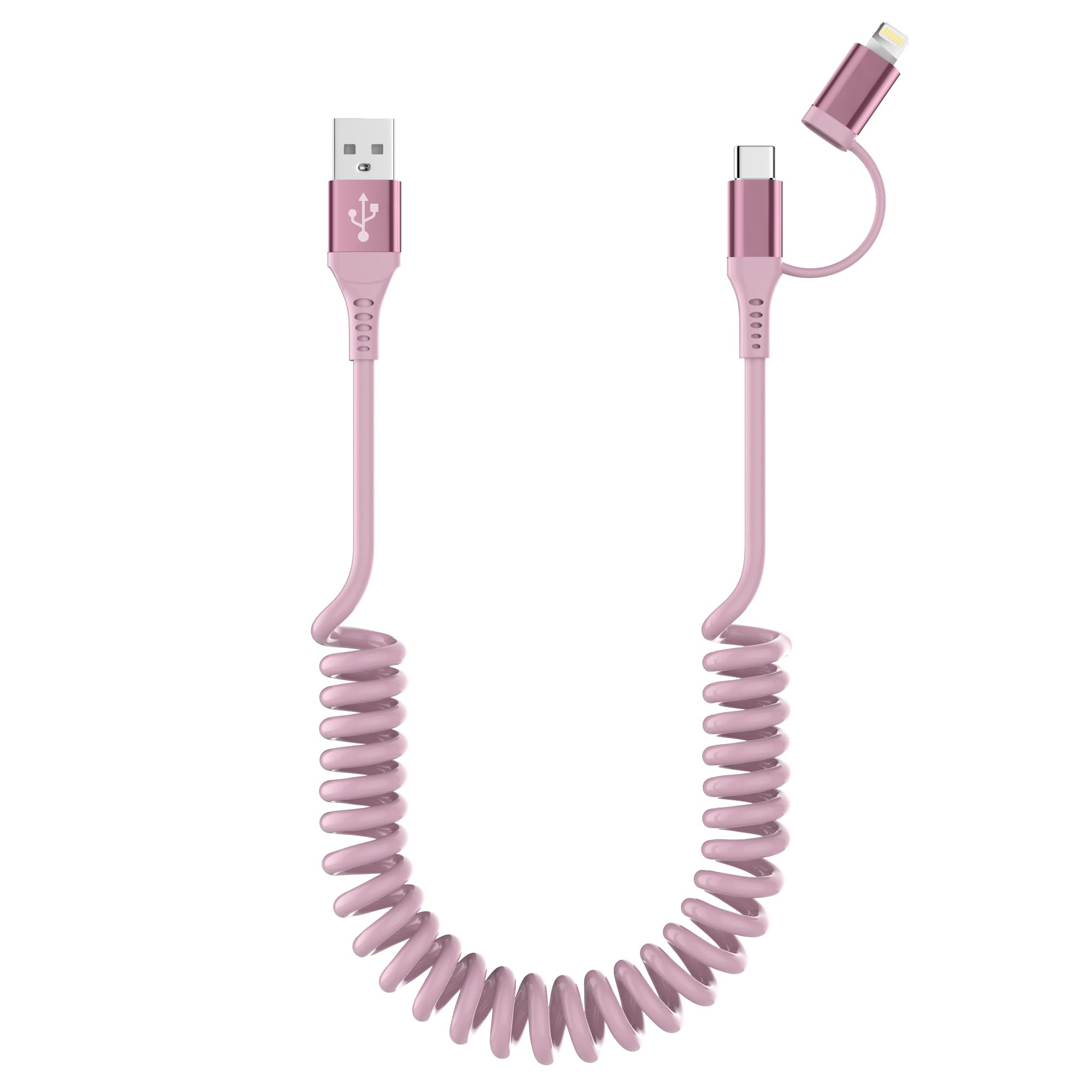 2-in-1 USB to USB-C & Lightning Coiled Cable - MFi Certified Fast Charging & Data Sync Compatible with iPhone 15/14/13/12 & Android Devices (Pink) | Perfect for CarPlay, Android Auto & Travel Charging
