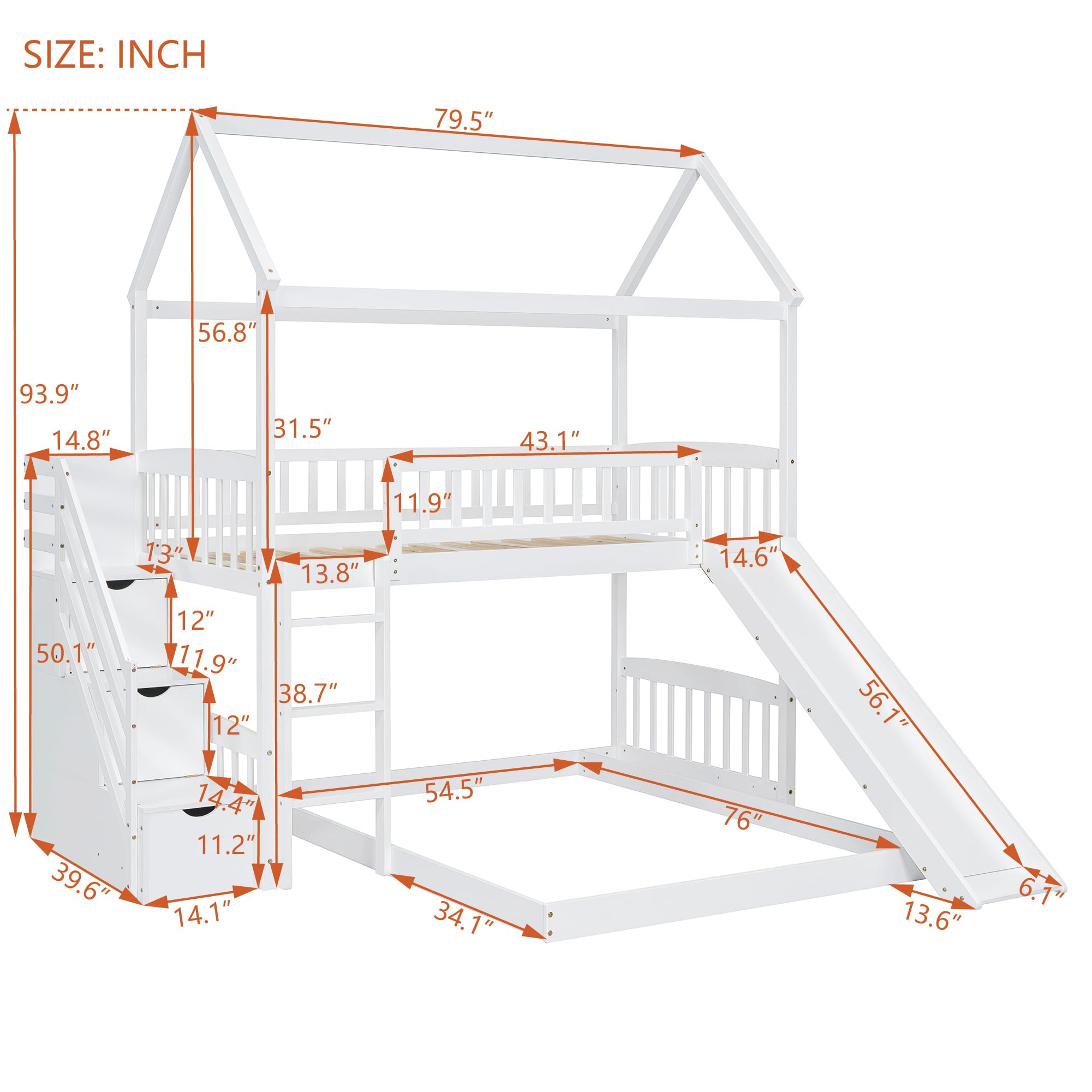 Solid Wood Twin Over Twin Bunk Bed with Slide & Storage Staircase - Kids Loft Bed with Roof & Guardrails for Girls & Boys - Easy Assembly (White) - Perfect for Small Bedrooms, Playrooms & Sleepovers