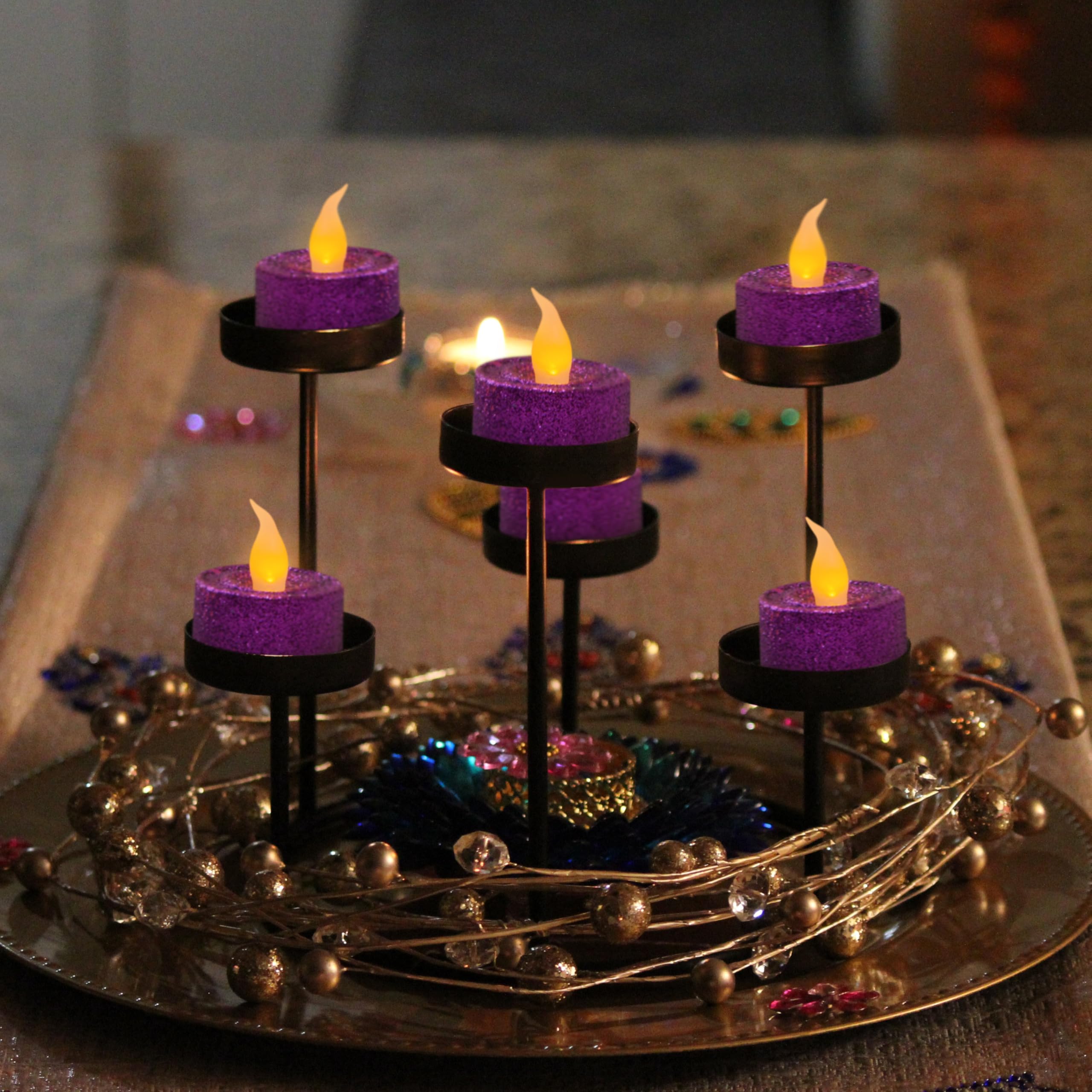 FURORA LIGHTING Purple Glitter LED Tealight Candles - Pack of 12 Flameless Flickering Battery Operated Tea Lights - 1.5