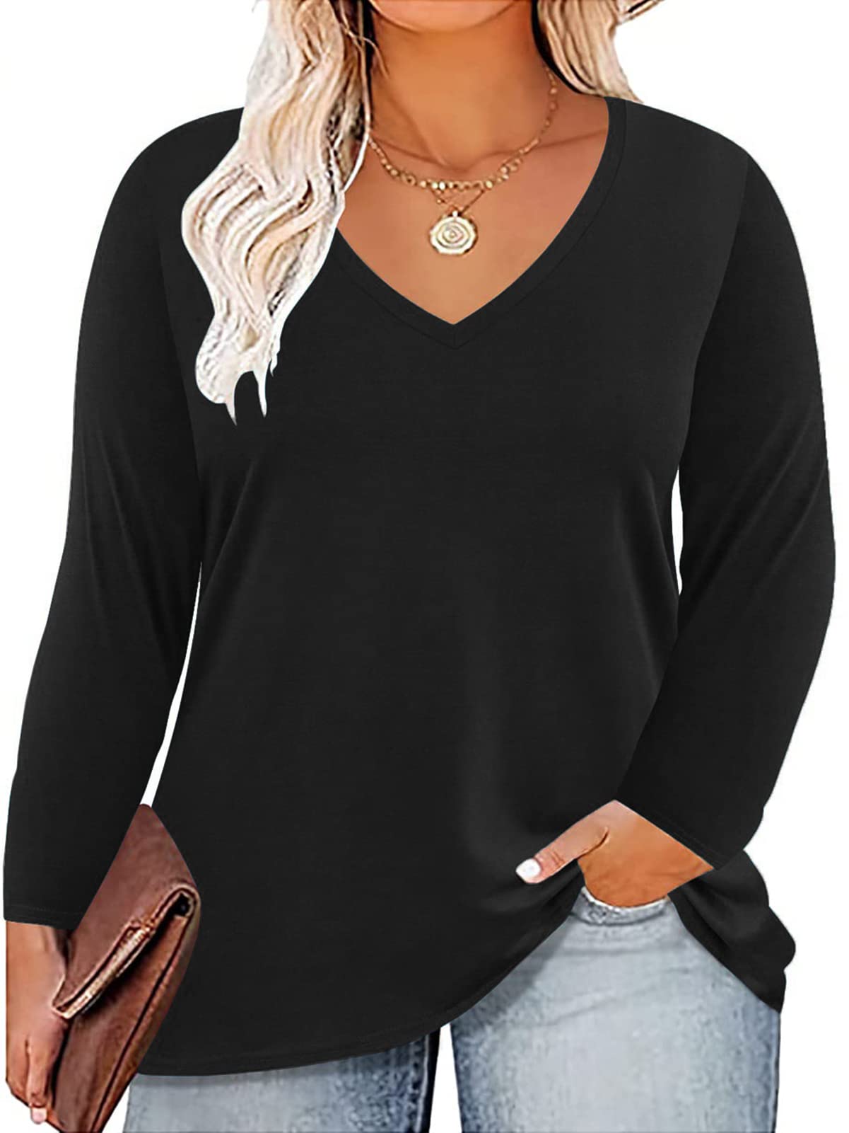 ROSRISS Plus Size Women's Long Sleeve V-Neck Tunic Tops - Soft Solid Color Blouses & Casual Tees for Work, Office & Everyday Wear