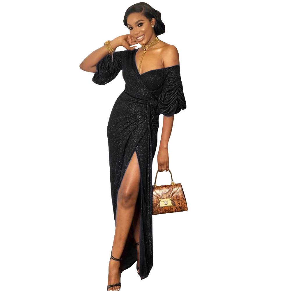 Elegant Black Sequined Long Evening Dress for Women - Perfect for Nightclub, Party, and Formal Events