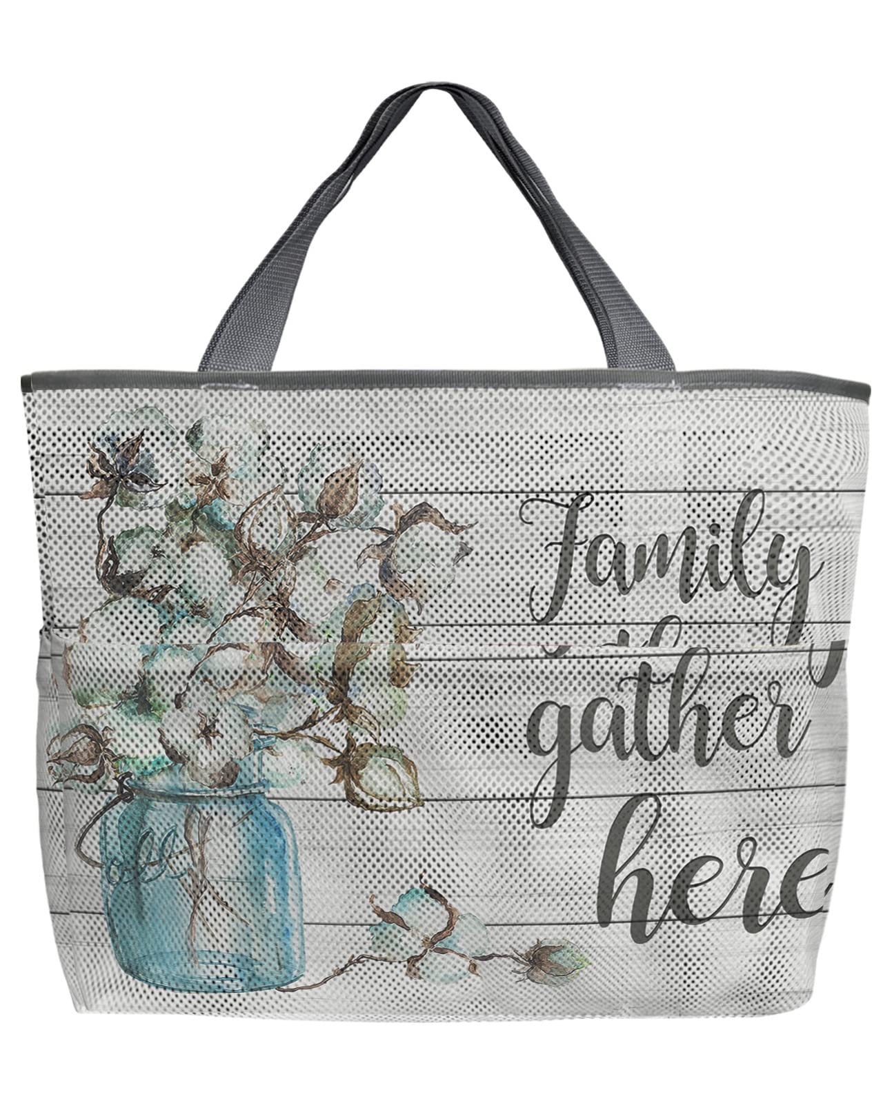 60L Oversized Mesh Beach Tote Bag with Pockets - Quick Dry Foldable Swim Bag for Pool & Beach - Floral Rustic Wood Grain Design - Includes Glass Bottle & Kapok - Perfect for Grocery Storage, Travel & Outdoor Activities (24